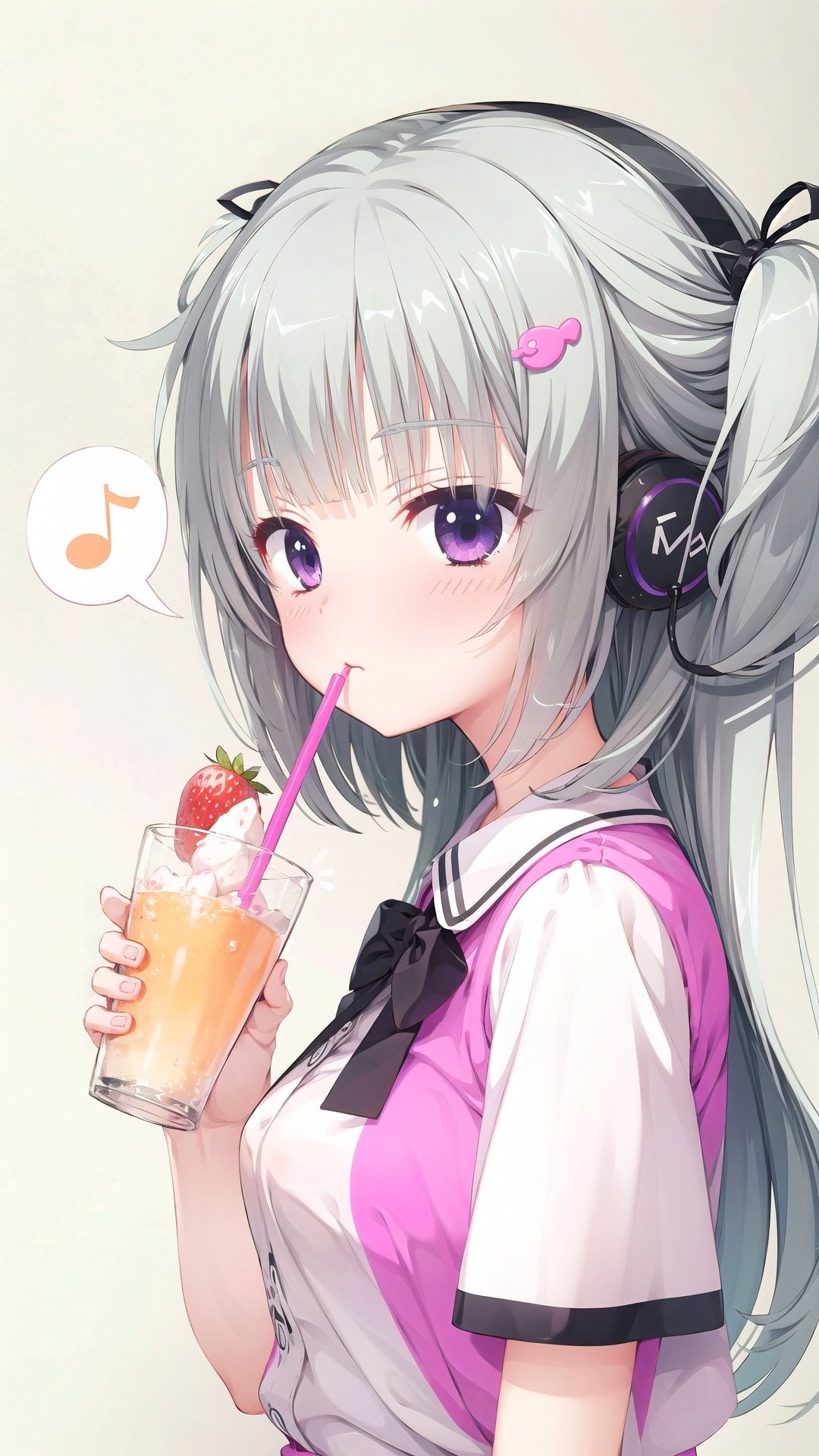 1girl, solo, headphones, looking at viewer, long hair, holding, musical note, hair ornament, pink shirt, drinking straw, shirt, blush, cup, ribbon, holding cup, hair ribbon, short sleeves, from side, two side up, spoken musical note, breasts, looking to the side, bangs, simple background, grey background, white ribbon, disposable cup, speech bubble, strawberry, purple eyes, hairclip, upper body, medium breasts
