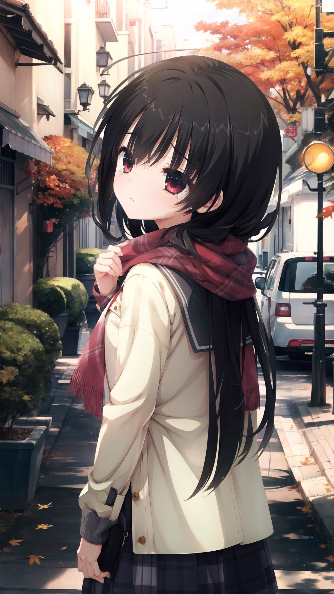  1Girl,serafuku, Red eyes,child,Black hair,Style-Autumn,back focus,street,traffic light,Red checked scarf,sad,cry,