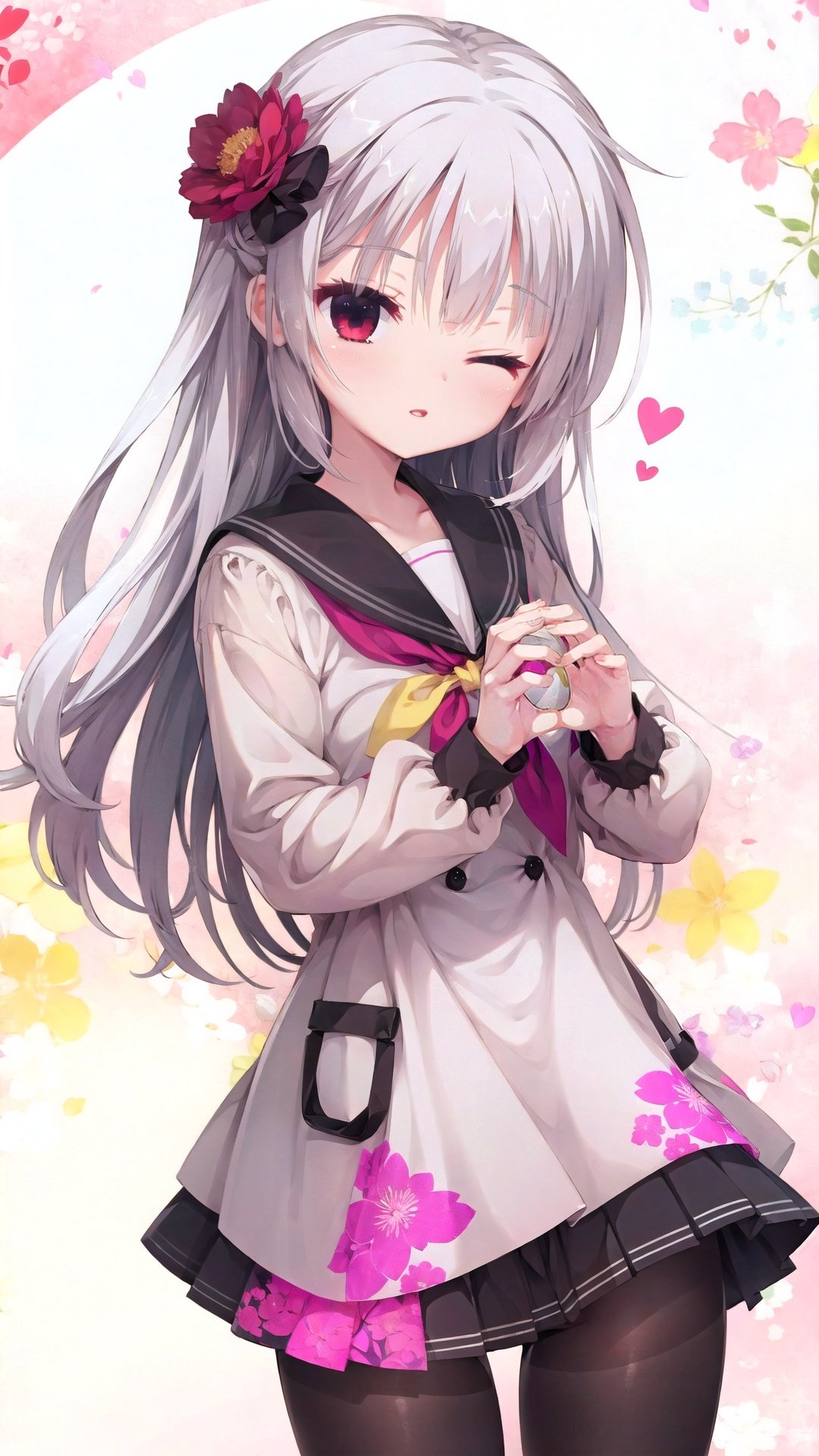 1girl, long hair, solo, red eyes, serafuku, hair_flower, white hair, long sleeves, pleated, clear eyes, black pantyhose, look at viewer, depth of field, (+floral background+), happy, parted lips, white clothes, (heart hands), between thighs, one eye closed,