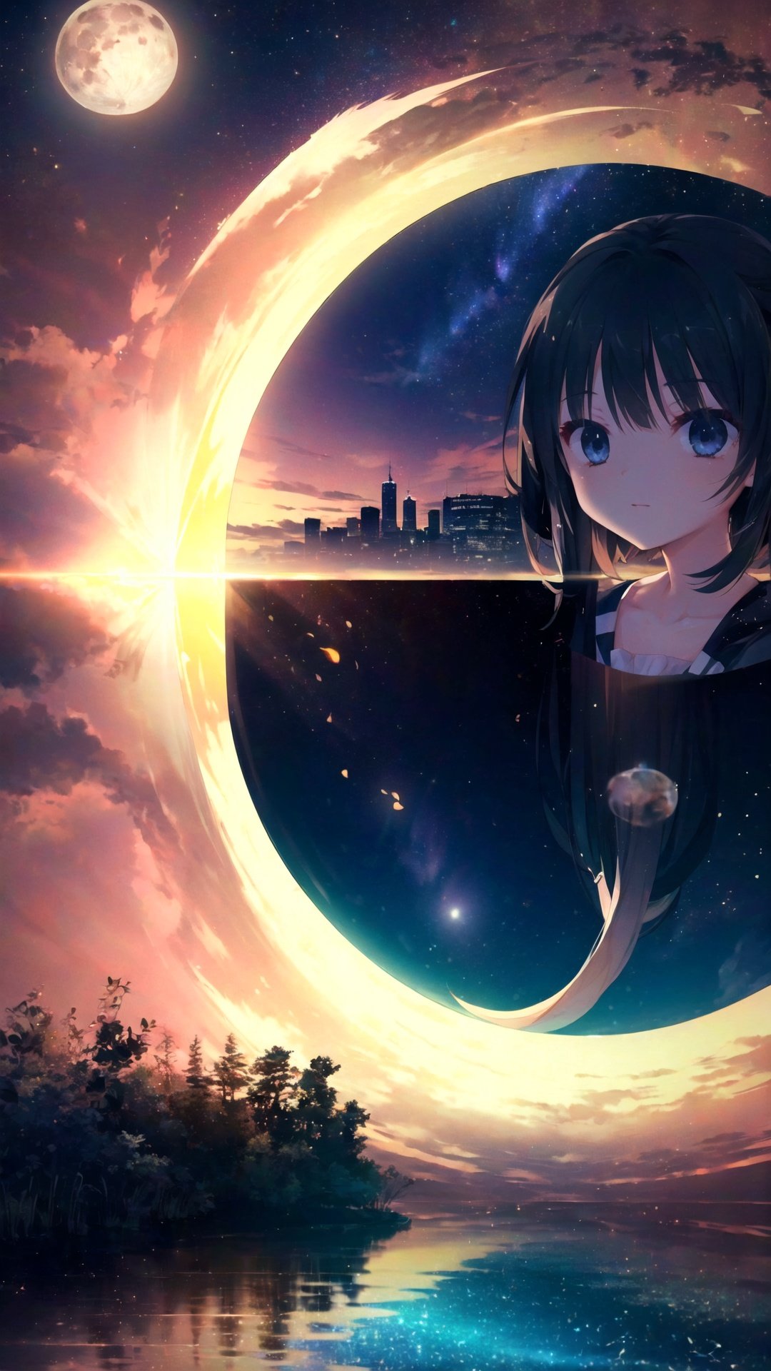 (Highest picture quality), (Master's work),(Detailed eyes description),(Detailed face description),(Milky Way,Jupiter,Aldebaran behind the girl),bubble, fantastic,girl in star,full body,
water surface,the water stretches as far as the eye can see.
1girl, (loli,little girl:1.25),wariza,
aurora, cloud, cloudy_sky, constellation, crescent_moon, dusk, earth_\(planet\), fireflies,full_moon, galaxy, gradient_sky, horizon, light_particles,(planet),(reflection),skyline,space,sunset,water surface reflection