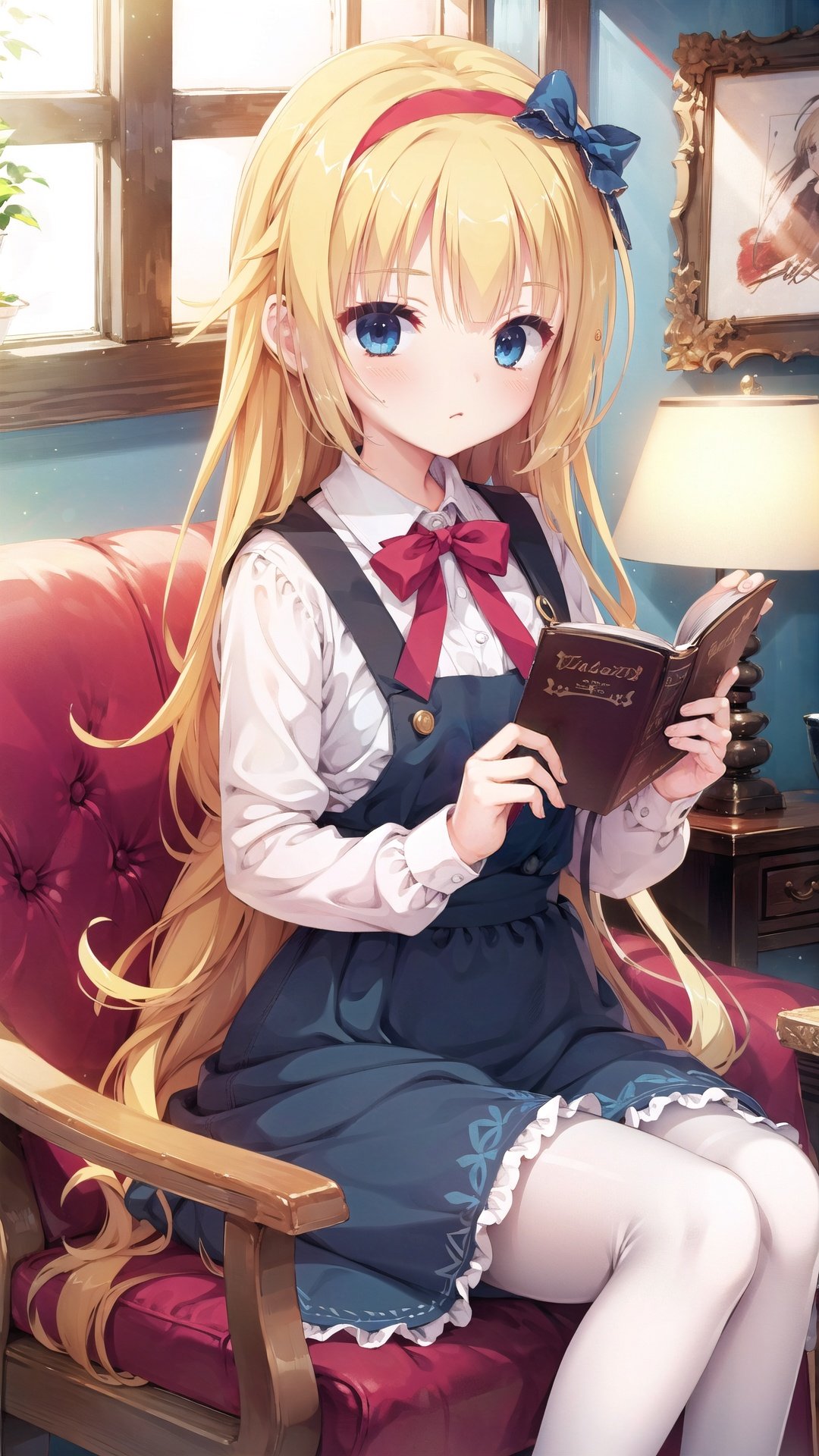 alice margatroid,1girl,solo,long hair,blonde hair,white pantyhose,sitting,hairband,looking at viewer,pantyhose,red hairband,indoors,dress,shirt,frills,long sleeves,bangs,book,white shirt,blush,flower,very long hair,lamp,bow,blue eyes,feet out of frame,blue dress,ribbon,blue bow,holding,chair,skirt,bowtie,blue skirt,neck ribbon,puffy sleeves,closed mouth,picture frame,painting (object),couch,collared shirt,cup,frilled dress,picture (object),pinafore dress,