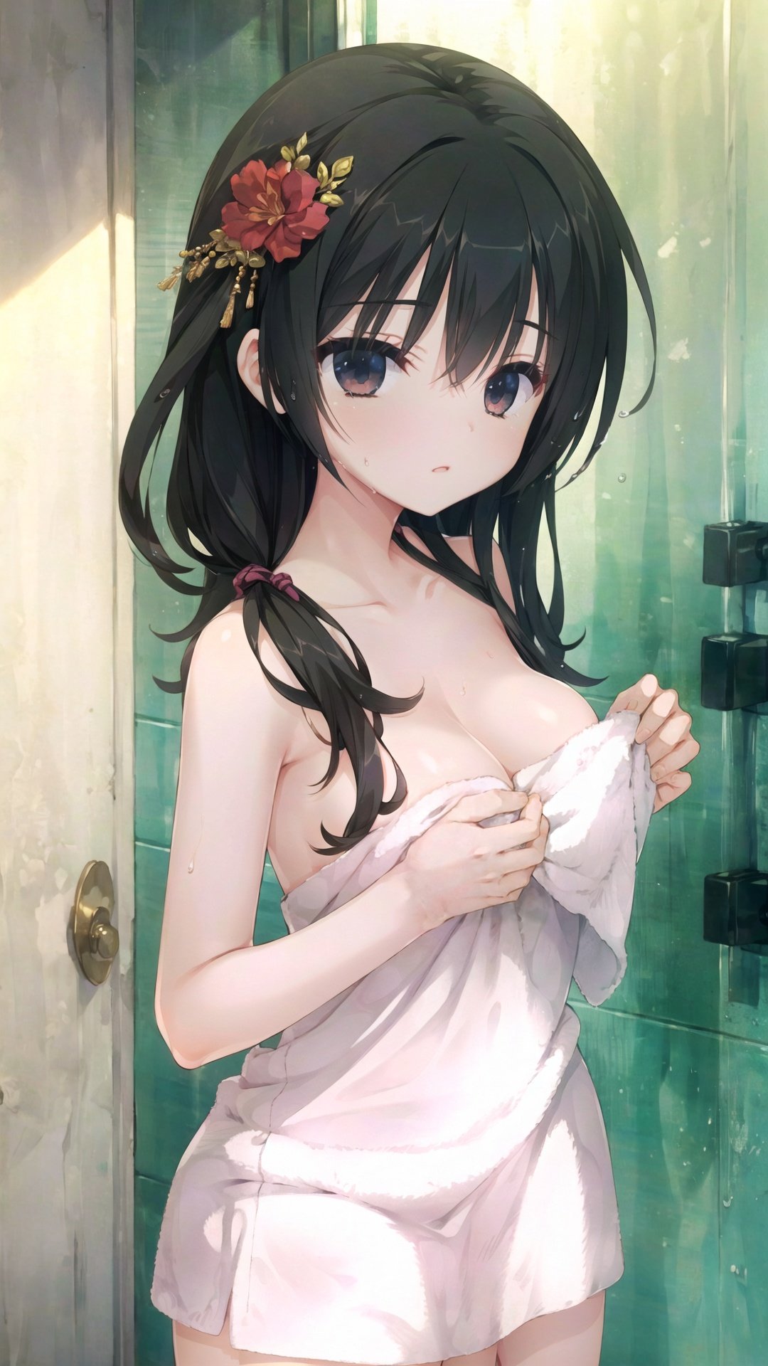 finely detail, Depth of field,(((masterpiece))),((extremely detailed CG unity 8k wallpaper)),best quality, high resolution illustration,Amazing,intricate detail,(best illumination, best shadow, an extremely delicate and beautiful), towel,1girl,blurry,depth_of_field,wet,solo,collarbone,brown_eyes,breasts,blurry_background,naked_towel,blurry_foreground,looking_at_viewer,long_hair,medium_breasts,