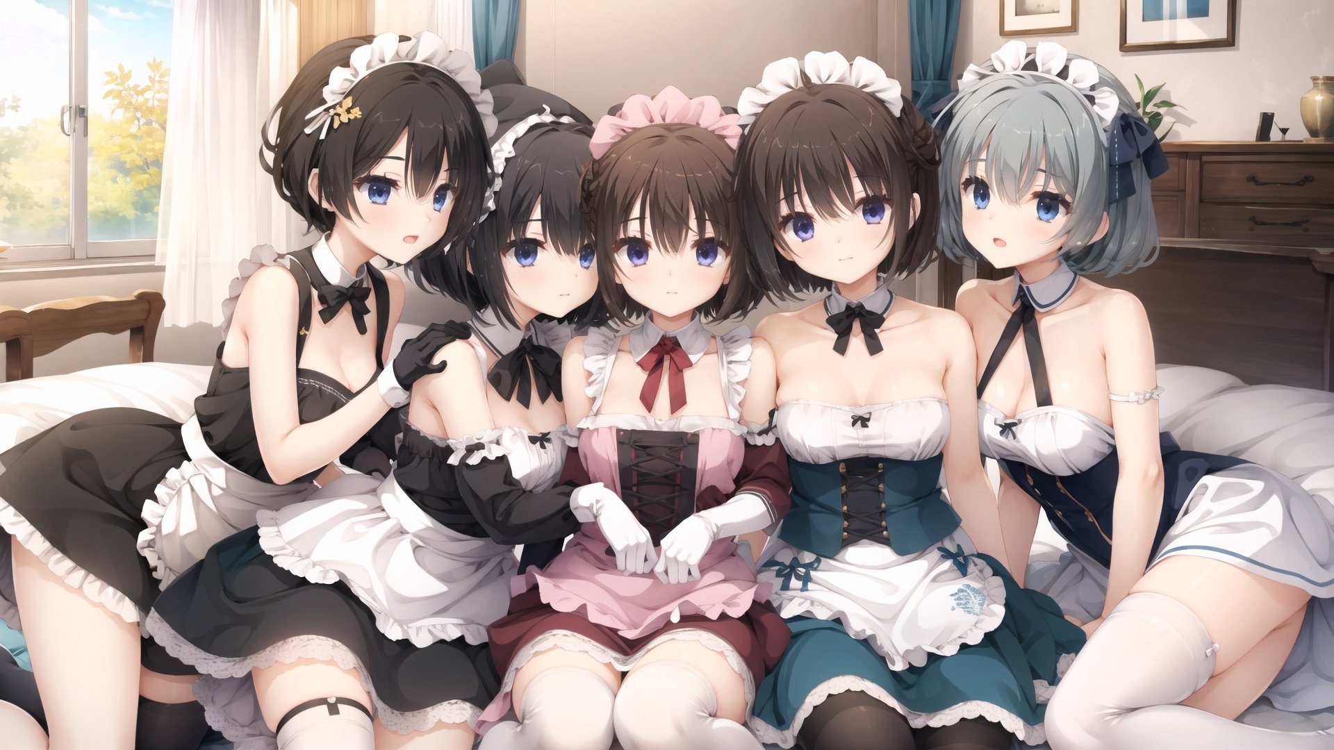 Six girls, all in maid costumes lying on the bed, white stockings,detached collar,bare shoulders,