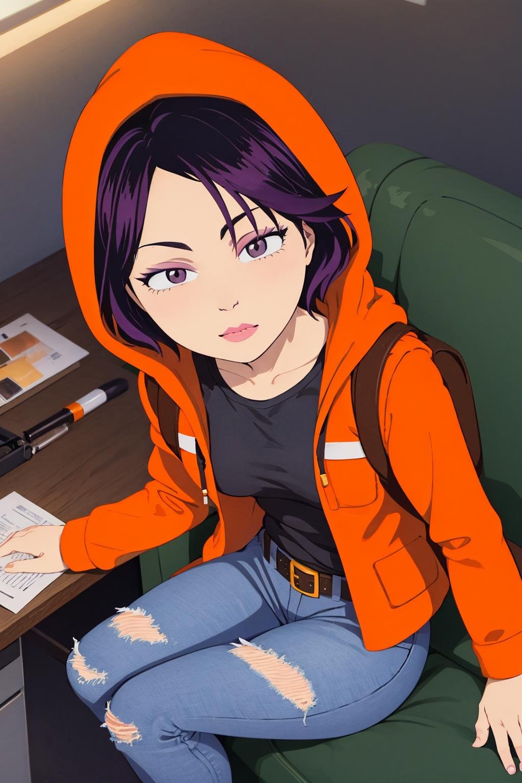 masterpiece,, perfect lightingbest quality,,KennyMC, 1girl, solo, black hair, purple hair,black shirt, belt, hoodie, backpack,orange jacket,torn jeans, makeup,hood up,sitting,from above,looking at viewer,indoors<lora:KennyMC-10:0.6>