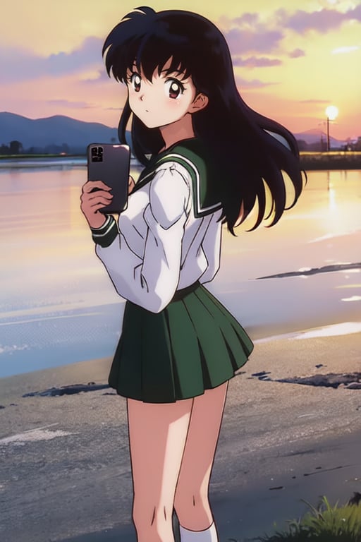 kagome, 1girl,  school_uniform, miniskirt,selfie, <lora:kagome_multimerge:1><lora:fineline-v2:1>