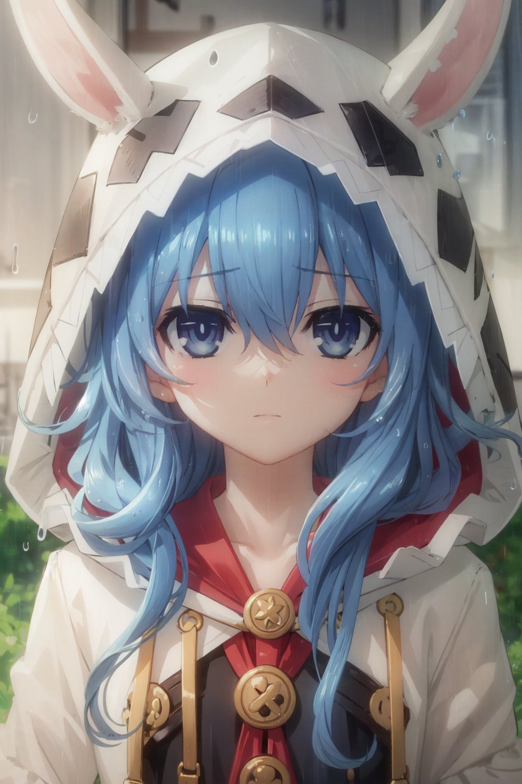 1girl, solo, blue eyes, blue hair, hood, animal hood, looking at viewer, long hair, rain, animal ears, rabbit hood, rabbit ears, hair between eyes, hood up, portrait