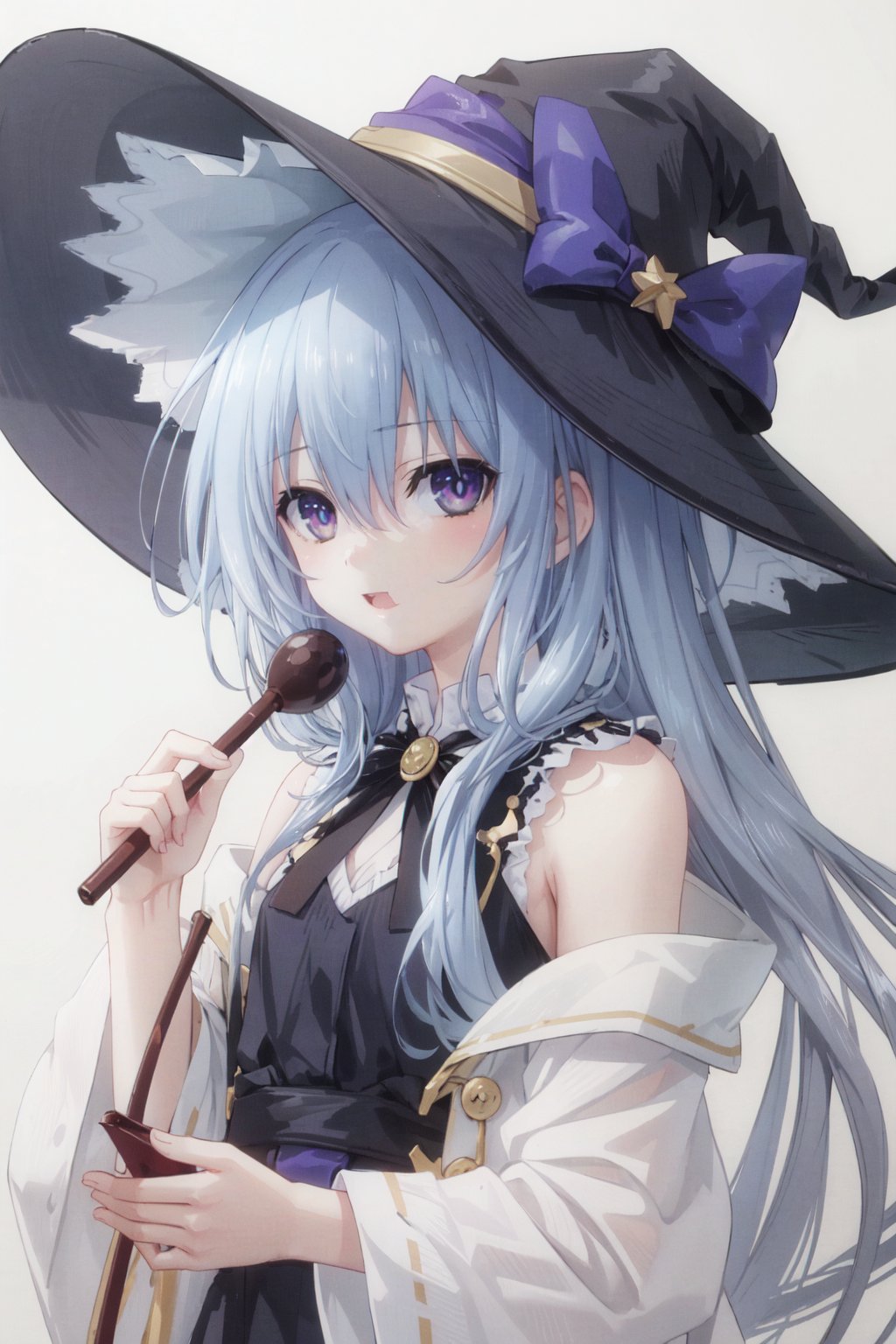 1girl, solo, hat, witch hat, elaina \(majo no tabitabi\), long hair, black headwear, looking at viewer, holding, shirt, purple eyes, heart, open mouth, wand, hair between eyes, bangs, upper body, robe, white shirt, black robe, star \(symbol\), bow, off shoulder, collared shirt, long sleeves, holding wand, open robe, sleeveless shirt, signature, bare shoulders
,