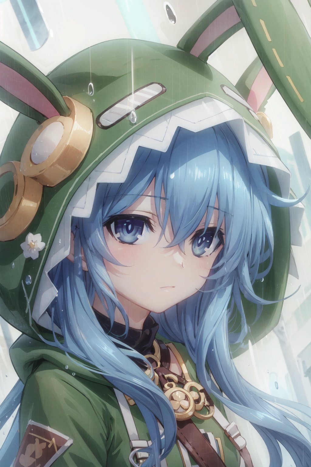 1girl, solo, blue eyes, blue hair, hood, animal hood, looking at viewer, long hair, rain, animal ears, rabbit hood, rabbit ears, hair between eyes, hood up, portrait