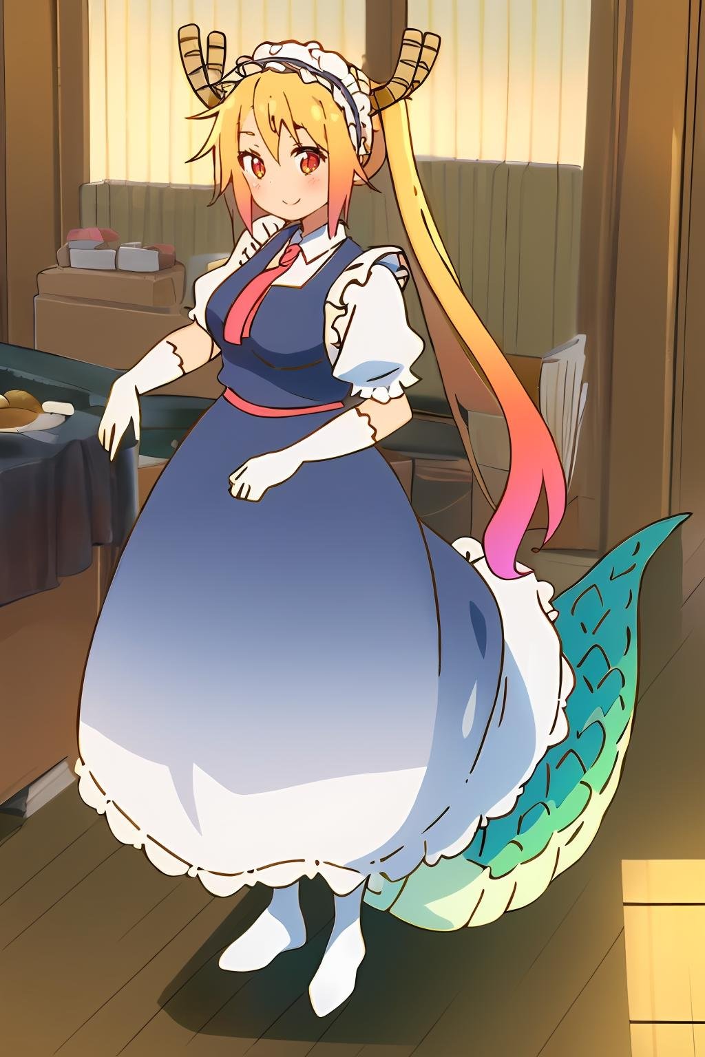 <lora:龙女仆托尔1V:1>,龙女仆托尔,1girl,solo,dragon horns,twintails,blonde hair,long hair,gradient hair,maid,red necktie,white shirt,collared shirt,puffy short sleeves,maid headdress,frills,blue long dress,white gloves,cowboy shot,smile,large tail,scales,dragon tail,scales large dragon tail,full body,, Exquisite visuals, high-definition,masterpiece,best quality,