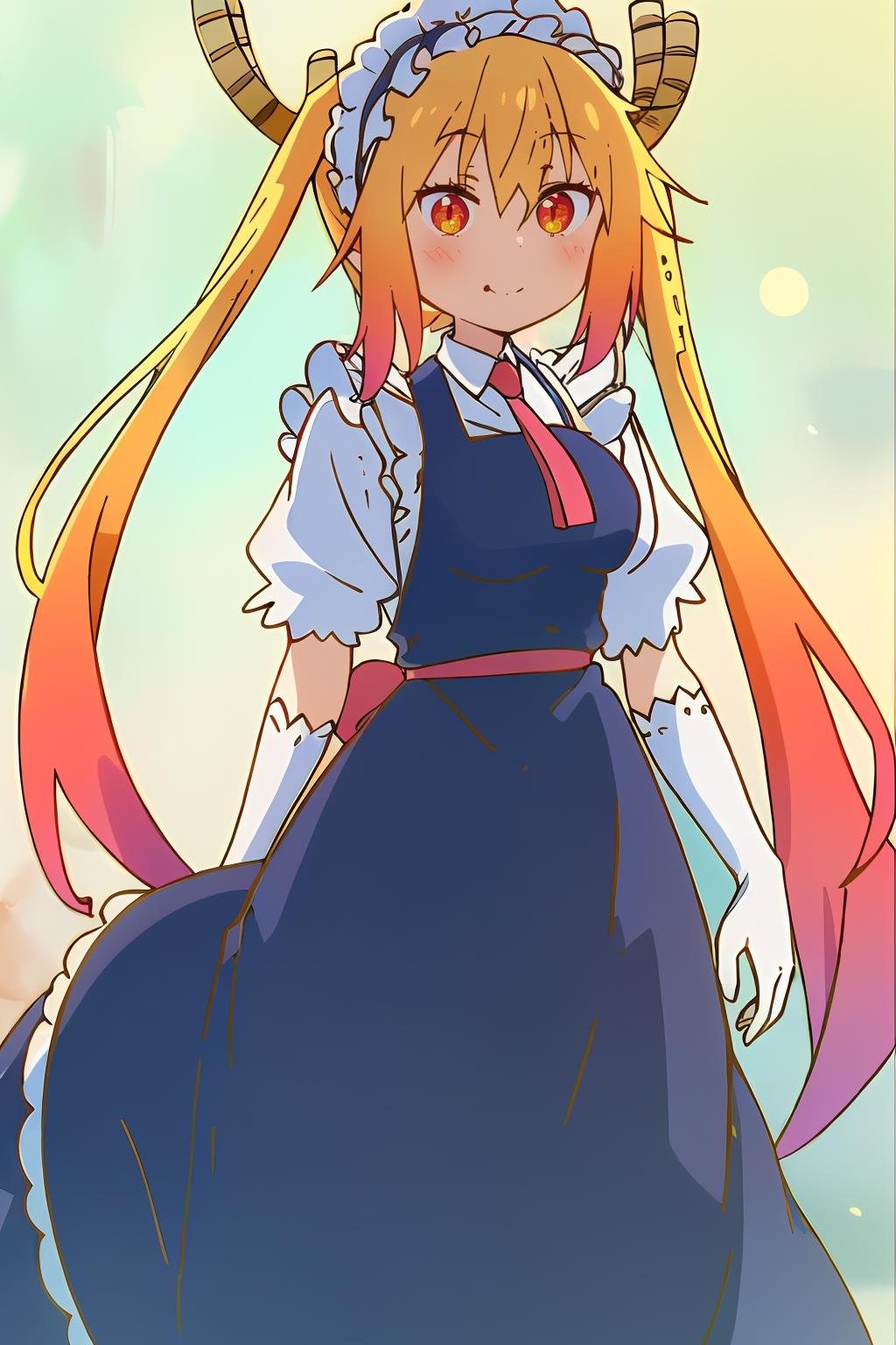 <lora:龙女仆托尔1V:1>,龙女仆托尔,1girl,solo,dragon horns,twintails,blonde hair,long hair,gradient hair,maid,red necktie,white shirt,collared shirt,puffy short sleeves,maid headdress,frills,blue long dress,white gloves,cowboy shot,smile,large tail,scales,dragon tail,scales large dragon tail,, Exquisite visuals, high-definition,masterpiece,best quality,