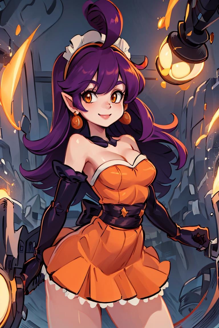 <lora:Alex_Ahad_Style:0.8>, ((masterpiece,best quality)), absurdres, <lora:Stardust_Pumpkins_Citron_OC_Anime:0.8>, Stardust_Pumpkins_Citron_OC,  1girl, solo, long purple hair,  orange eyes, ahoge, pointy ears, orange dress, elbow gloves, bare shoulders, maid headdress, jewelry, earrings,  solo, smiling, looking at viewer, cowboy shot,  cinematic composition,  , contrapposto,