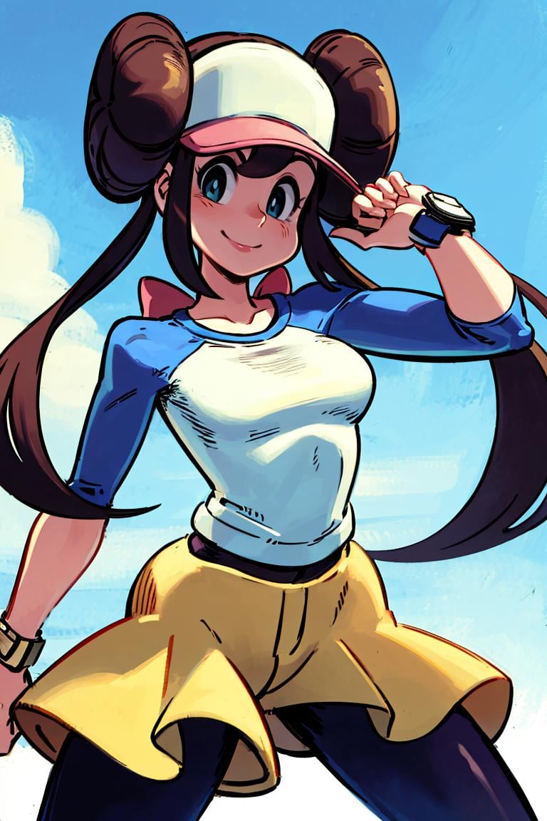 <lora:Alex_Ahad_Style:1>, ((masterpiece,best quality)), absurdres, long hair,  <lora:rosa_(pokemon)_v10:0.7>, ro1, hair bun, blue eyes, twintails, visor cap, pantyhose, raglan sleeves, yellow shorts, shirt, pink bow, wristwatch, solo, smiling, looking at viewer, cowboy shot,  cinematic composition, contrapposto,