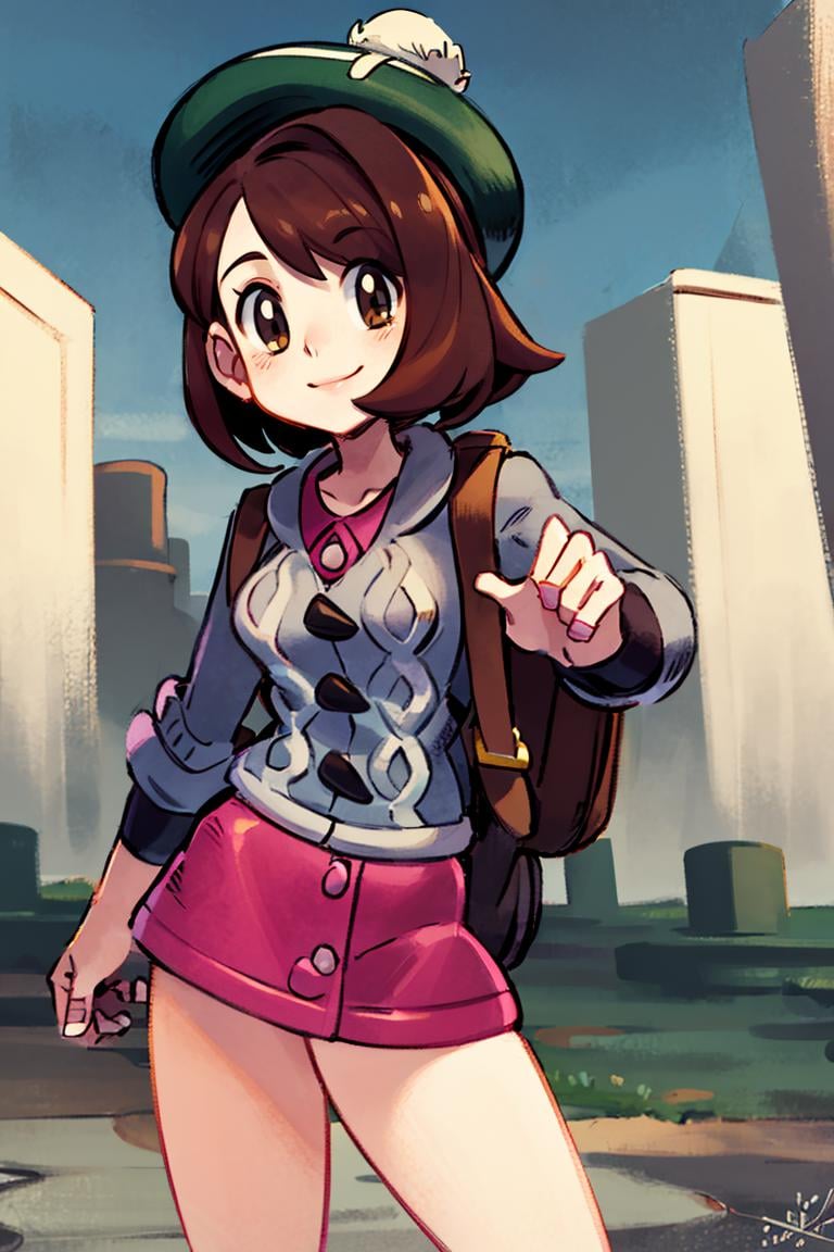 <lora:Alex_Ahad_Style:1>, ((masterpiece,best quality)), absurdres,  <lora:gloria_(pokemon)_v1:0.7>,  gloria \(pokemon\), brown hair, solo, backpack, brown eyes, tam o' shanter, grey cardigan, pink dress, short hair, green socks, socks, brown bag, bob cut, bangs, long sleeves, collared dress,  solo, smiling, looking at viewer, cowboy shot,  cinematic composition, contrapposto, 