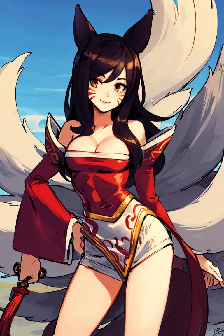 <lora:Alex_Ahad_Style:0.8>, ((masterpiece,best quality)), absurdres, ah1, facial mark, multiple tails, fox tails, korean clothes, cleavage, bare shoulders, detached sleeves, <lora:ahri_v10:0.7>, outdoors, standing, cowboy shot, smile, contrapposto