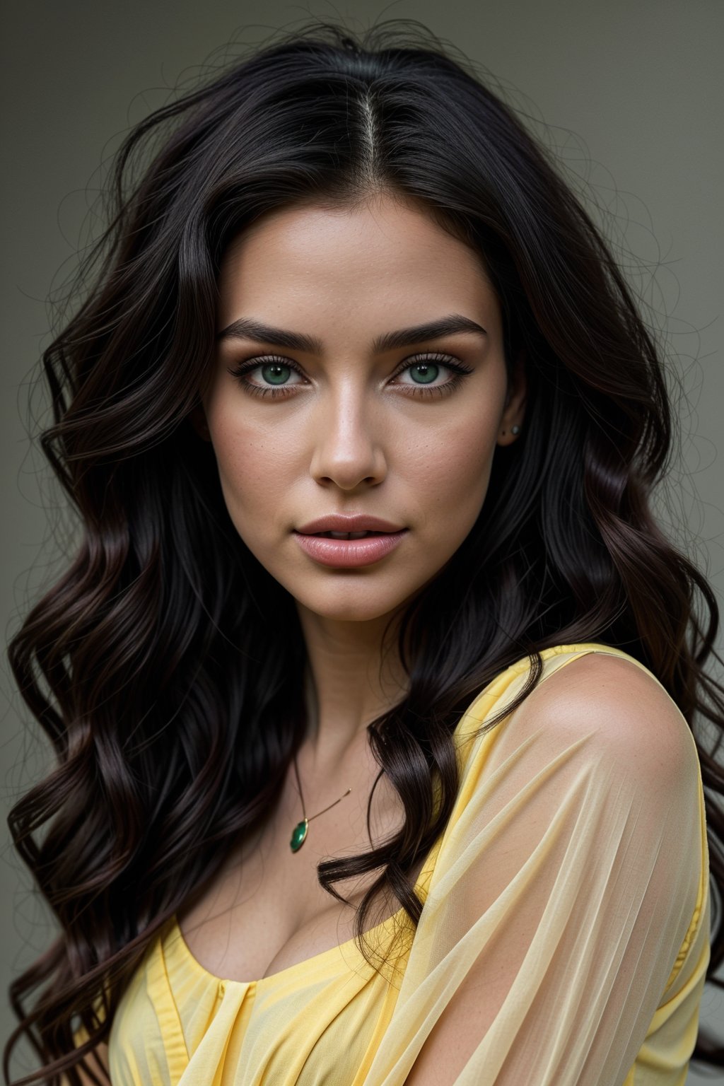  a pretty woman with gorgeous long curly black hair, very long curly wair, wearing a yellow dress, green blue eyes, midshot picture, and attractive features,  eyes,  eyelid,  focus,  depth of field,  film grain,  ray tracing,  slim model,  anatomically correct, (Hairdress),<lora:659111690174031528:1.0>