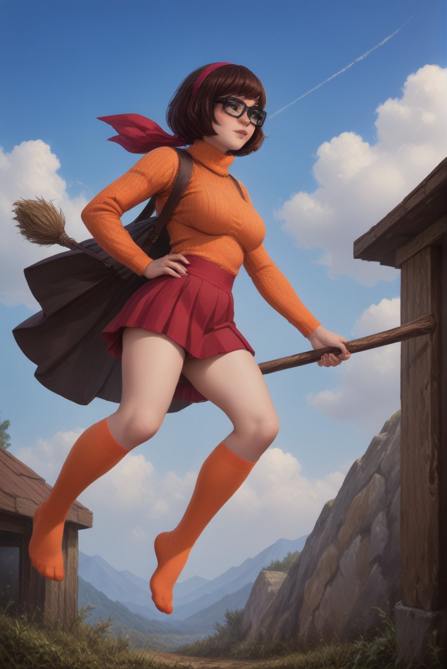 score_9, score_8_up, score_7_up, score_6_up male, ridingbroom, hetero, Penny , 1girl, glasses, purple headband, bob haircut, orange sweater,
 red skirt, orange socks, no shoes, realistic, indoors, outdoors, in air, sky, clouds, ground far below, ridingbroomstick, velma flying over the clouds with the ground far blow on a broomstick, ,<lora:659095807385103906:1.0>