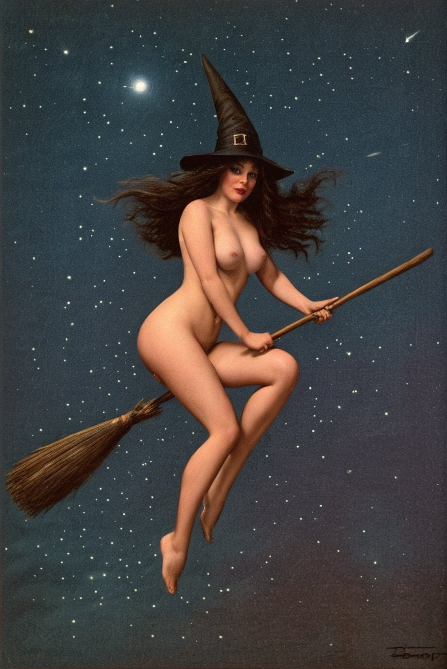 ridingbroomstick, a nude witch with large natural hanging breasts riding a broom through the air at night with a starry sky, bare feet, perfect feet, witch hat, perfect anatomy, masterpiece, (realistic:1.4), ,<lora:659095807385103906:1.0>