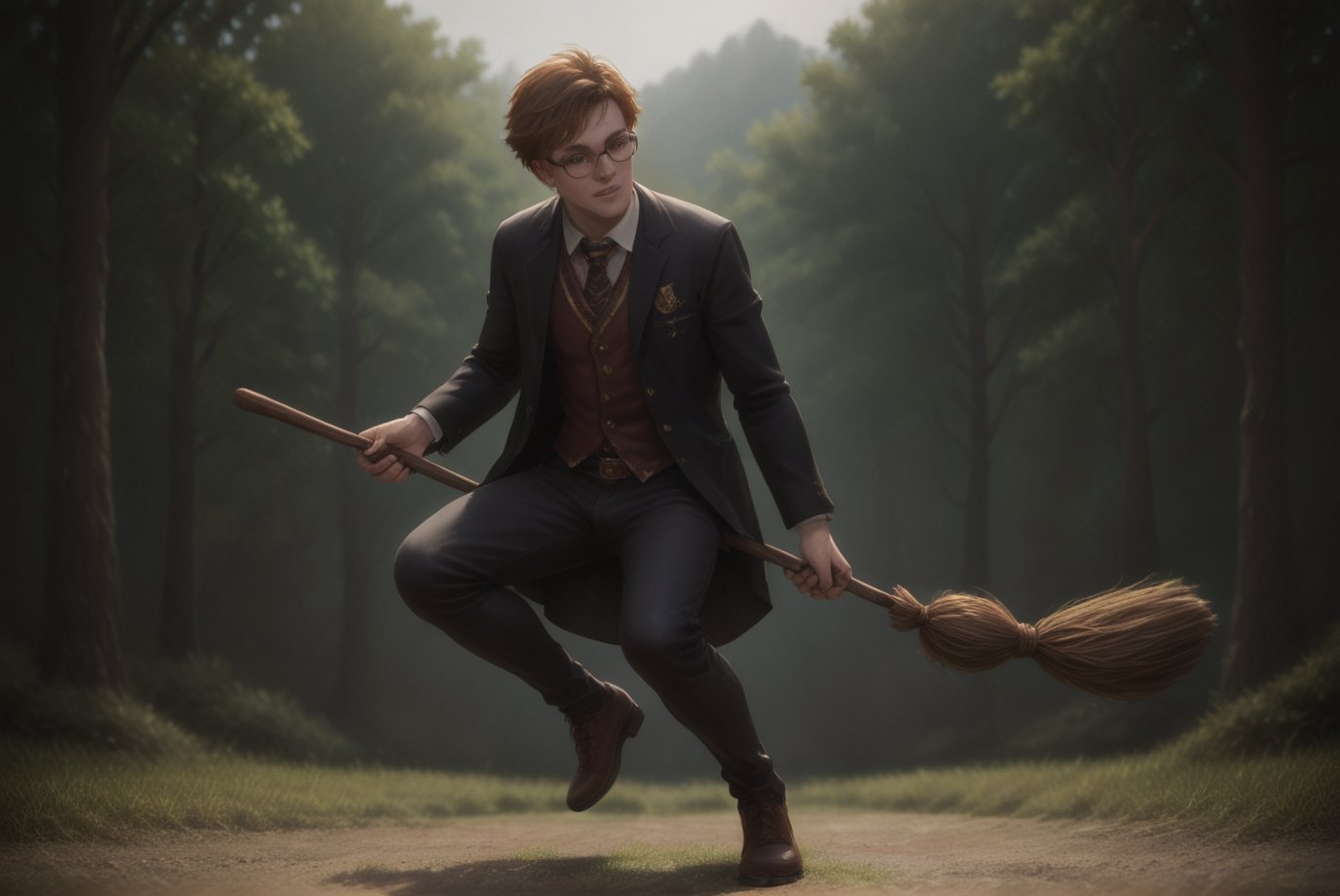 score_9, score_8_up, score_7_up, score_6_up male, ridingbroom, hetero, Harry Potter, 1boy, glasses, pointing wand, holding broom, racing, blurry background, realistic, over quiddich field, outdoors, riding broom, ridingbroomstick, facing viewer, ,<lora:659095807385103906:1.0>