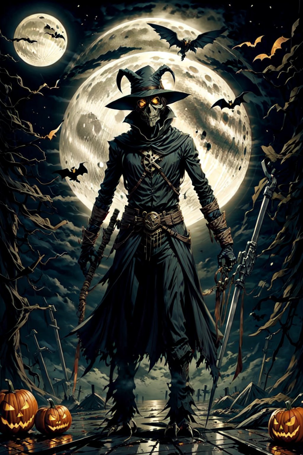 scarecrow, in the middle of the grave, under the scythe, night, crescent moon, scary, horror,owl,halloween,((holding pumpkin)),stand,full body,Circle,creepy