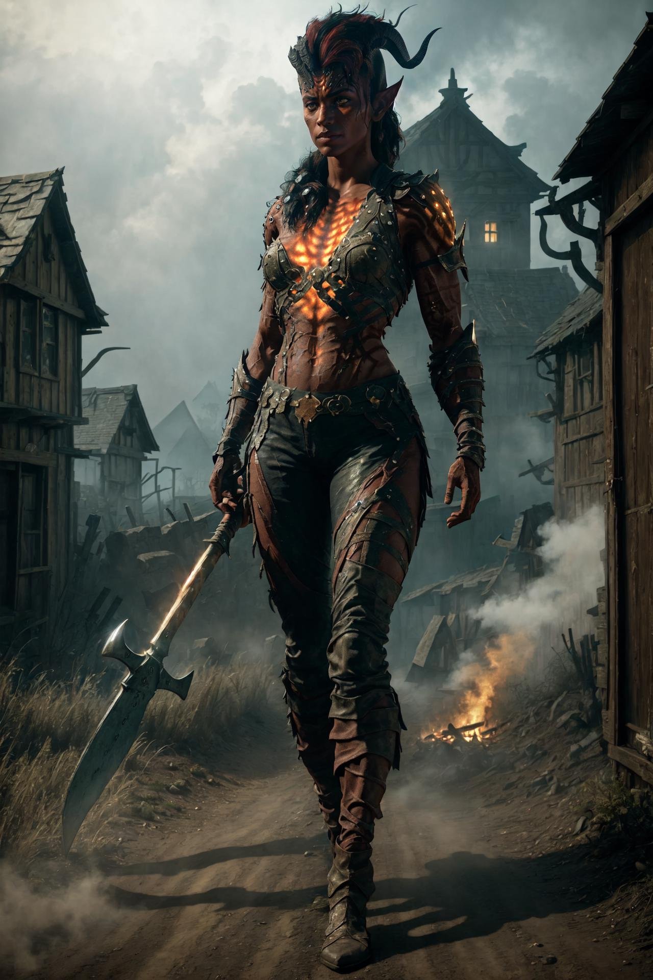 (masterpiece, best quality), outdoors, dark misty burning village, cowboy shot, 1girl, solo, Karlach, demon girl, colored skin, red skin, dark skin, <lora:Karlach_V1-Manityro-Dadapt:1.0>, full body, armor, armored pants, holding axe,