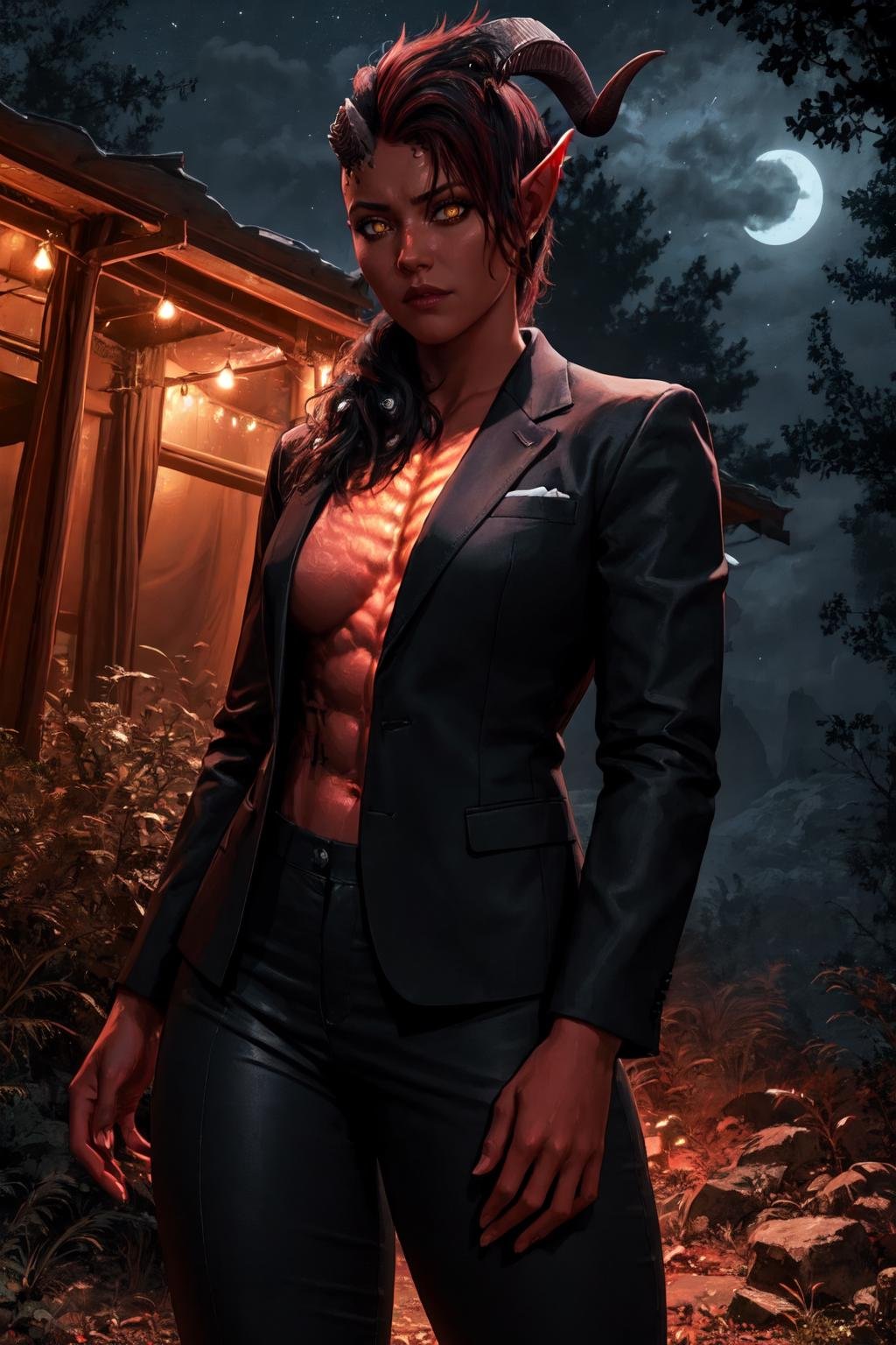 (masterpiece, best quality), outdoors, night, dark sky, forest, 1girl, solo, cowboy shot, karlach, colored skin, demon girl, yellow eyes, slit pupils, <lora:Karlach_V2-Manityro-AdamW:1>, toned, abs, looking at viewer, business suit, black blazer, suit pants