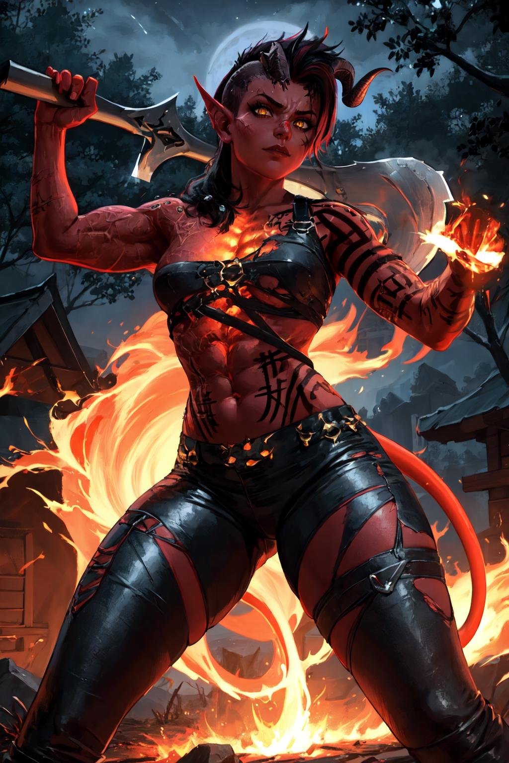 (masterpiece, best quality), outdoors, night, dark sky, forest, 1girl, solo, karlach, colored skin, demon girl, demon tail, yellow eyes, slit pupils, tattoo, scars, <lora:Karlach_V2-Manityro-AdamW:1>, muscular female, abs, looking at viewer, serious, torn pants, black pants, chest harness, burning village, holding axe, fighting stance