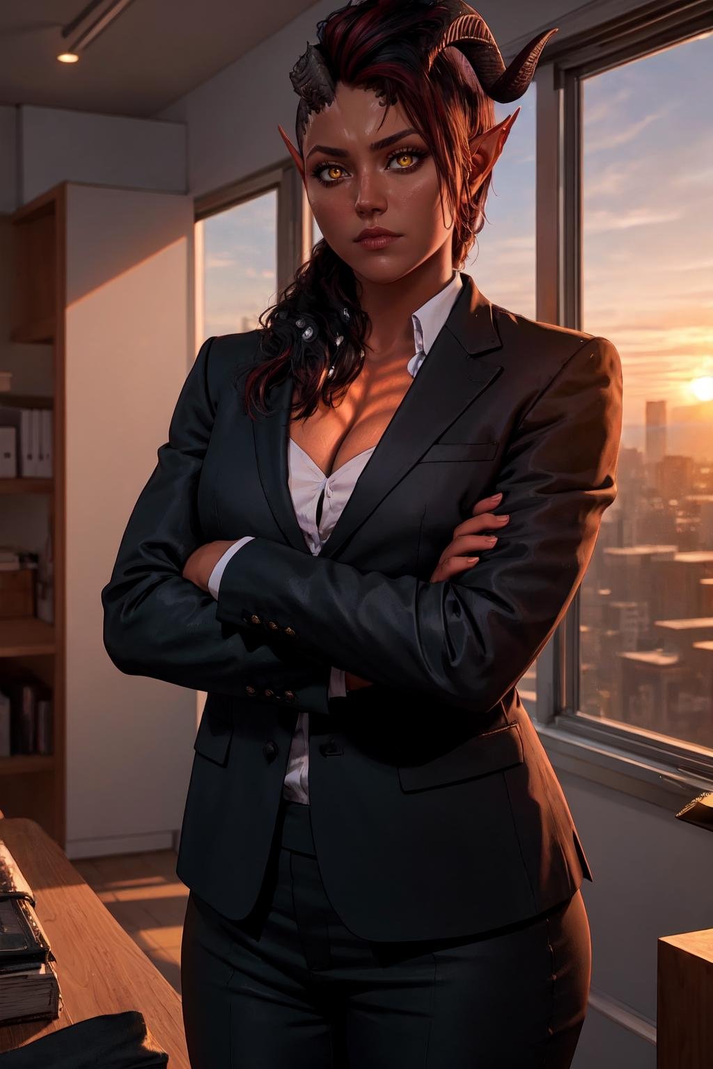 (masterpiece, best quality), indoors, office, sunset, 1girl, solo, cowboy shot, karlach, colored skin, demon girl, yellow eyes, slit pupils, <lora:Karlach_V2-Manityro-AdamW:1>, muscular female, looking at viewer, business suit, black blazer, suit pants, crossed arms, cleavage, 