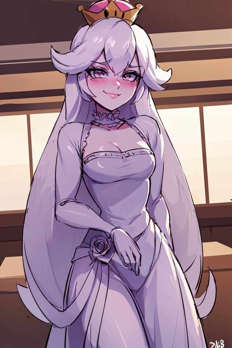 <lora:Bigdead_Style_Dim32:0.8>, ((masterpiece,best quality)), absurdres, <lora:Boosette_Mario_Anime:0.9>, Boosette_Mario, 1girl, long hair, white hair, long white dress, ballroom dress, white gloves,  solo, smiling, blushing, looking at viewer, cowboy shot,  cinematic composition,