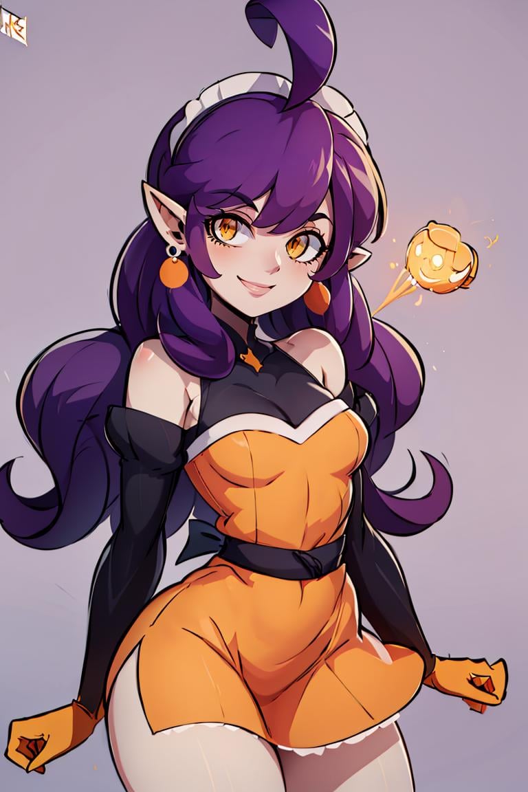 <lora:Bigdead_Style_Dim32:1>, ((masterpiece,best quality)), absurdres, <lora:Stardust_Pumpkins_Citron_OC_Anime:0.8>, Stardust_Pumpkins_Citron_OC,  1girl, solo, long purple hair,  orange eyes, ahoge, pointy ears, orange dress, elbow gloves, bare shoulders, maid headdress, jewelry, earrings,  solo, smiling, looking at viewer, cowboy shot,  cinematic composition,  , contrapposto,