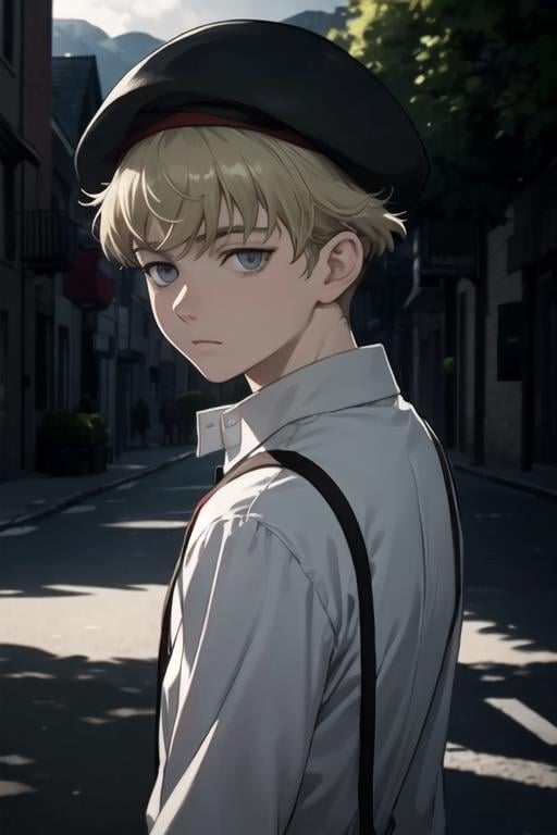 masterpiece, best quality, , 1boy, solo, male focus, looking at viewer, upper body, , , realistic, <lora:july_darker_than_black:0.70>, july_darker_than_black, blonde hair, grey eyes, , , beret, The Vale of Shadows: A dark and foreboding valley where no sunlight ever penetrates,