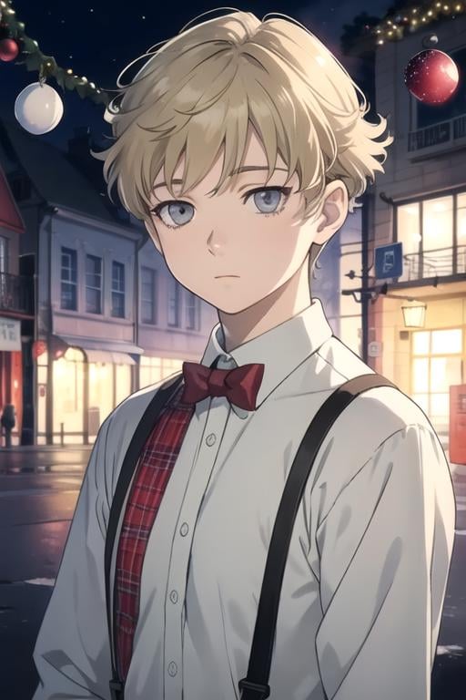 masterpiece, best quality, game cg, 1boy, solo, male focus, looking at viewer, upper body, depth of field, (watercolor illustration, soft pastel colors:1.1), realistic, <lora:july_darker_than_black:0.76>, july_darker_than_black, blonde hair, grey eyes, , christmas costume, fairytale, 16k resolution