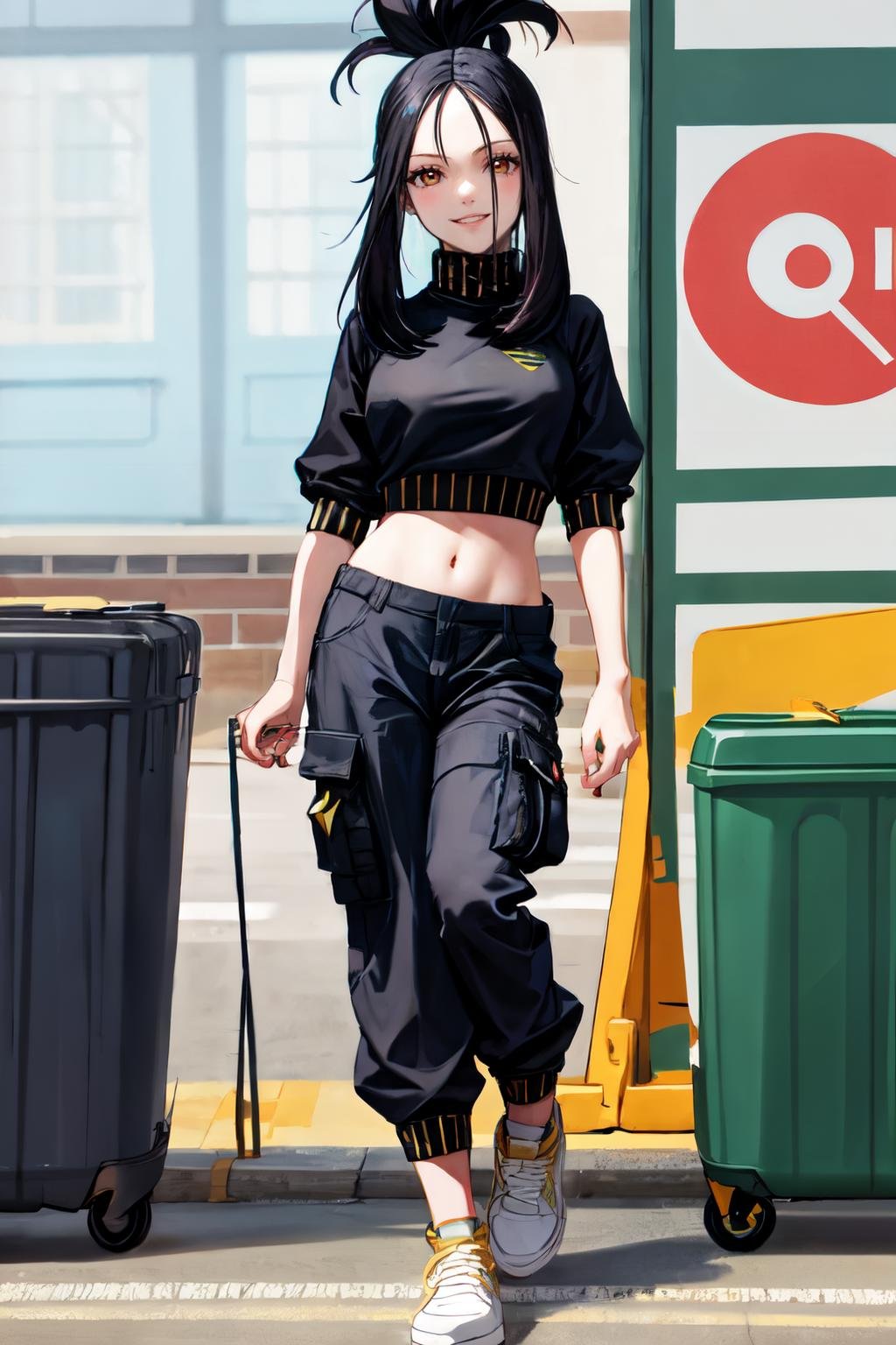 dendra pokemon,1girl,solo, black hair,looking at viewer, smile, parted lips,high quality,best quality, absurdres, Cargo pants, crop top, chunky sneakers<lora:dendra_pokemon:1>