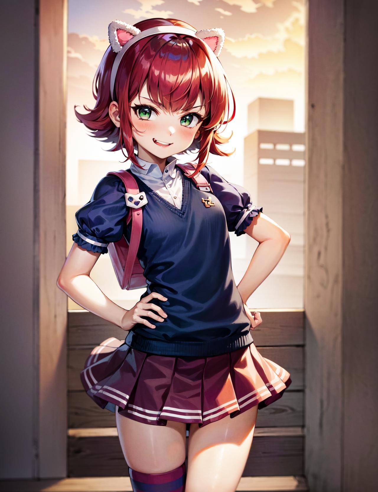 (masterpiece, best quality, highres, detailed,:1.4), 1girl, solo,  a beautiful masterpiece portrait of a girl , standing, contrapposto, hand on hip,   she is wearing a headband with fake cat ears, ,(short hair, fake animal ears, cat ears, hairband, green eyes, bangs, blush, red hair, purple hair,  skirt, short sleeves, juliet sleeves, puffy short sleeves, puffy sleeves,  shirt, pleated skirt, striped, socks,  kneehighs, loose socks, purple skirt, blunt bangs, striped legwear,    sweater vest, argyle, argyle sweater, school uniform, backpack, randoseru,  sidelocks, short hair with long locks, shoes, mary janes, leg warmers,  :1.1), (petite, skinny, outdoors, ambient lighting, sunlight,    :1.0), colorful, vibrant,  straight hair,  looking at viewer, smirk, smug, grin, fang, evil smile,  <lora:Annie1024Test:1.0> , bear_pin, 