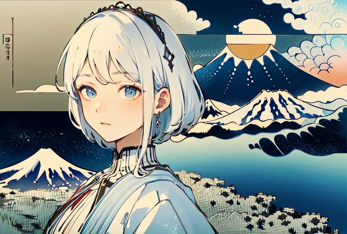 ((masterpiece)), ((high detail)),((ultra-detailed)),((delicate face)),A wave, a mountain, a sun rising over the horizon, complex clouds, 1 girl,white hair,<lora:fuyuestylenew-000010:1>