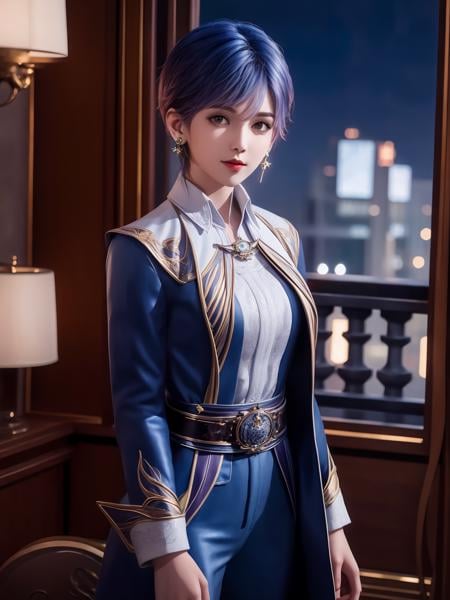 <lora:DLDLwangdonger_20230803130923:0.75>,1girl, mature female, cityscape, night, looking at viewer, short hair, belt,shirt,jewelry, earrings, coat, long sleeves, 