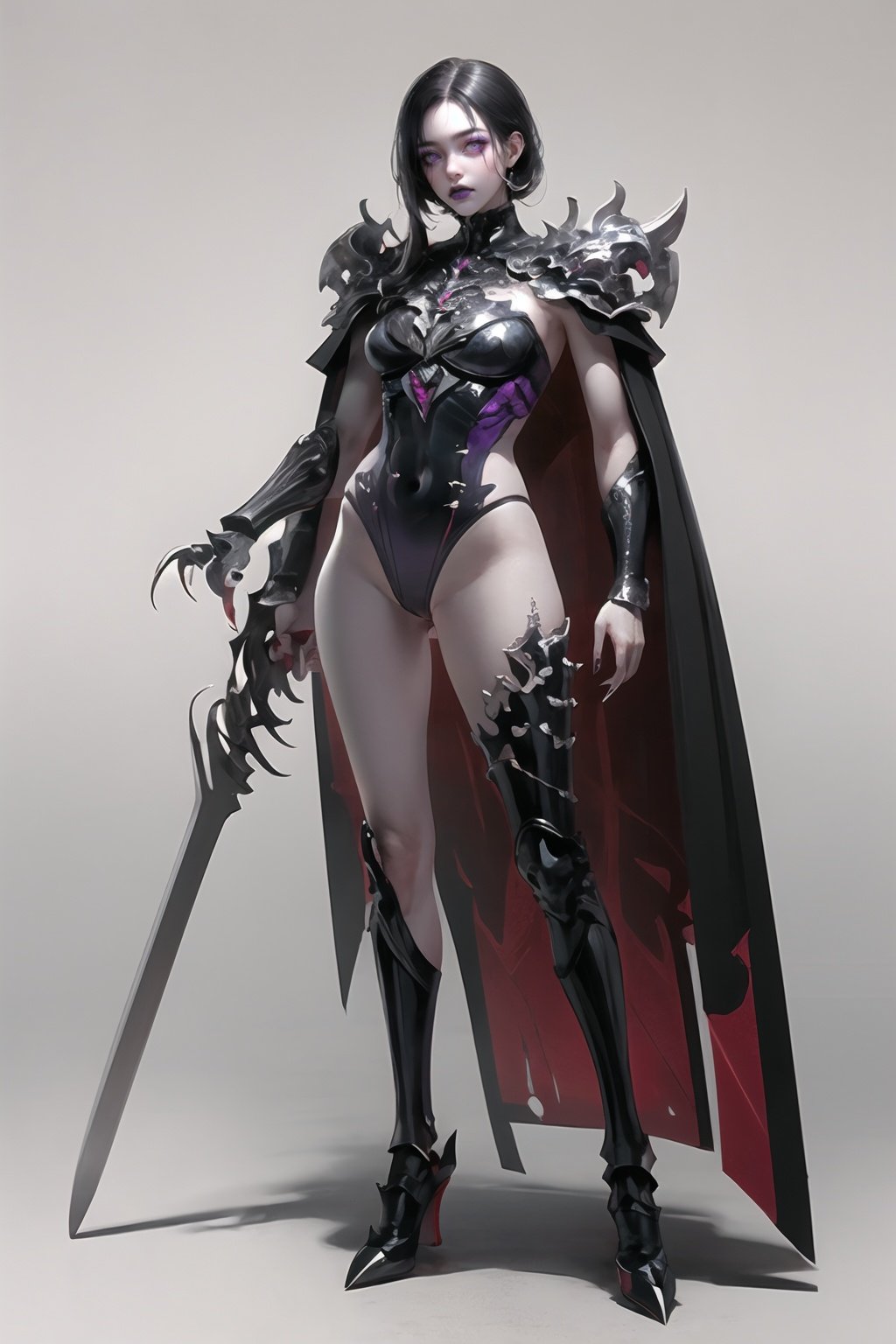 (masterpiece, best quality),1girl, cape, sharp fingernails, armor, fingernails, purple eyes, torn clothes, long fingernails, solo, black hair, glowing, shoulder armor, leotard, makeup, standing, skull, teeth, pauldrons