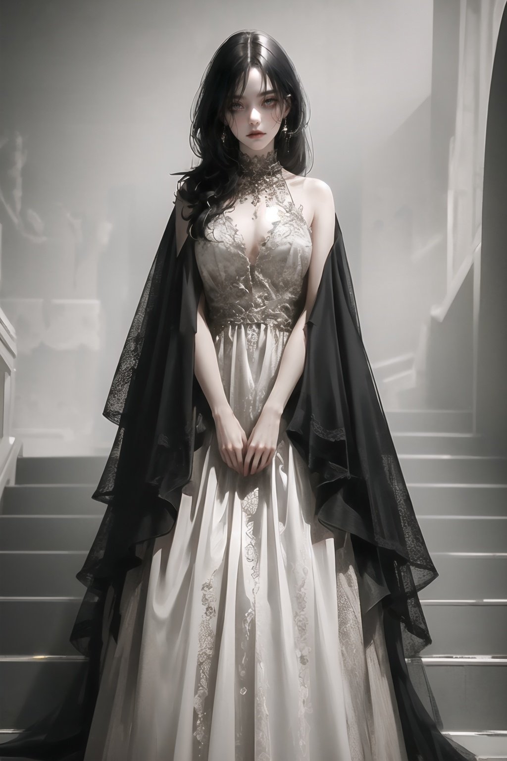 (masterpiece, best quality),1girl, stairs, long hair, dress, black hair, red dress, standing, solo, horror (theme), arms at sides