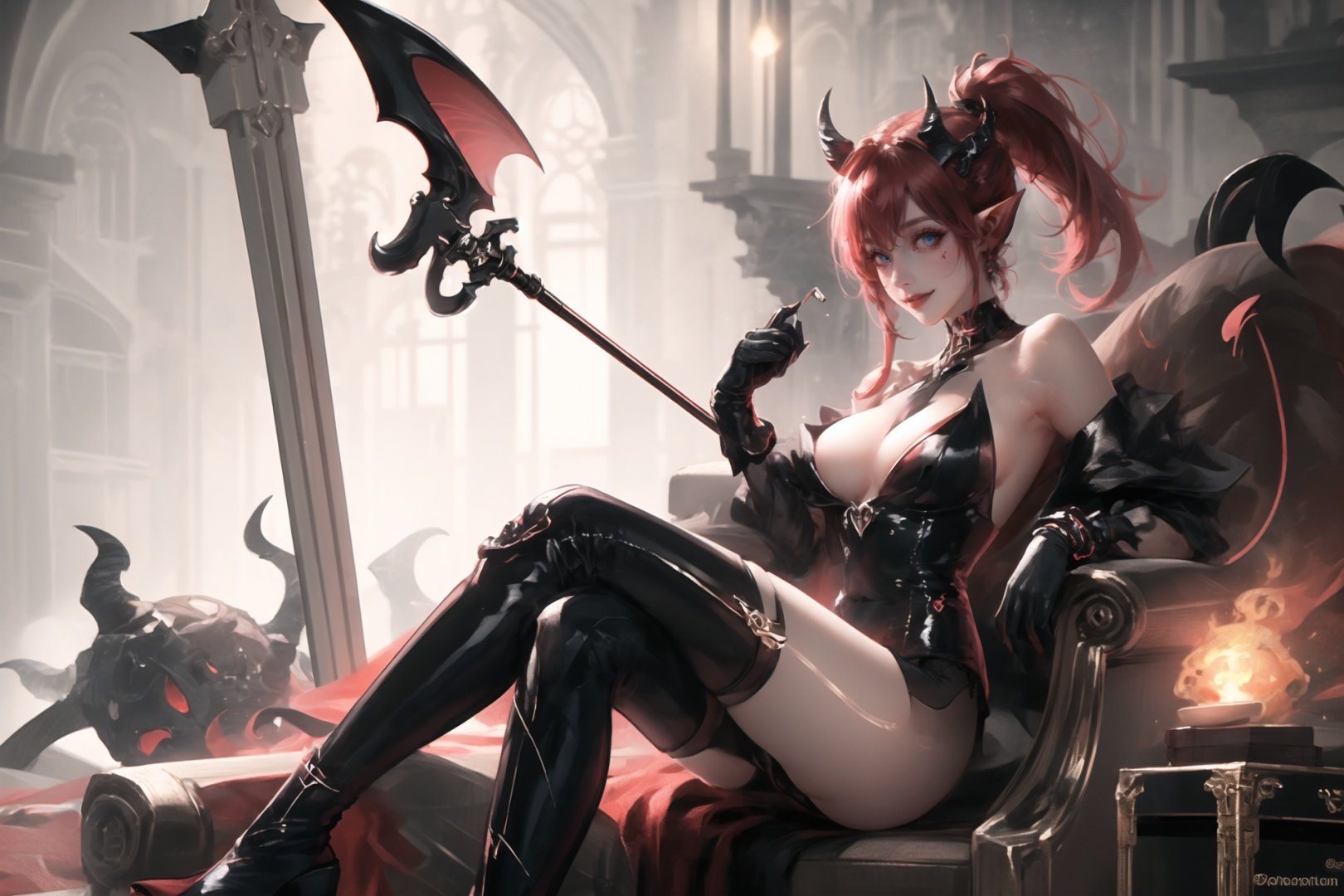 (masterpiece, best quality),1girl,breasts,ecclesia,moon,solo,crossed legs,horns,tail,blue eyes,pointy ears,sitting,large breasts,gloves,thighhighs,long hair,red hair,elbow gloves,looking at viewer,whip,holding whip,boots,demon tail,thigh boots,demon girl,holding,moon,thighs,black gloves,demon horns,smile,riding crop,leotard,bare shoulders,ponytail,ecclesia,