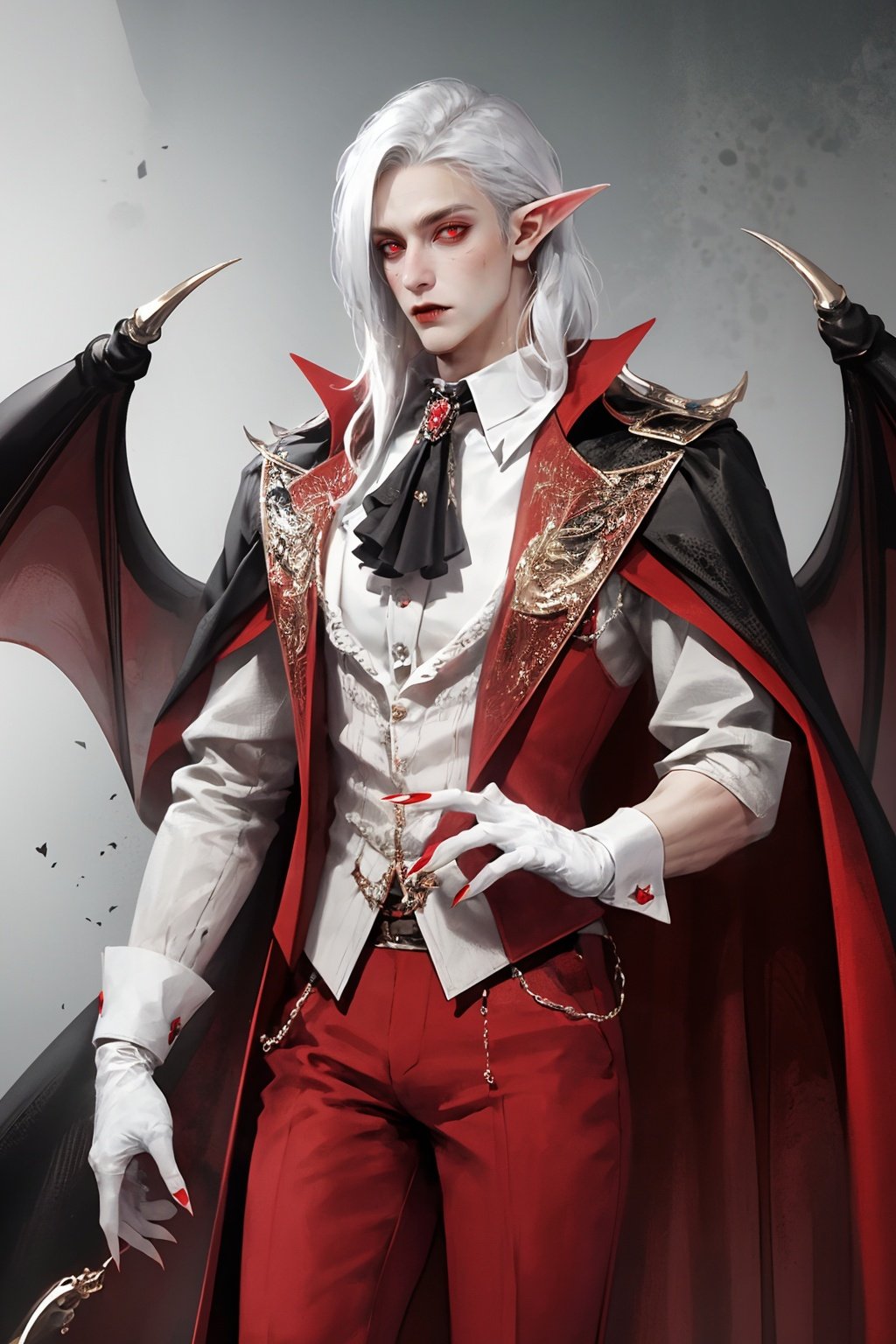 (masterpiece, best quality),1boy,vampire,male focus,red eyes,solo,pointy ears,white gloves,ascot,fingernails,gloves,white hair,sharp fingernails,cape,white ascot,long hair,long fingernails,looking at viewer,