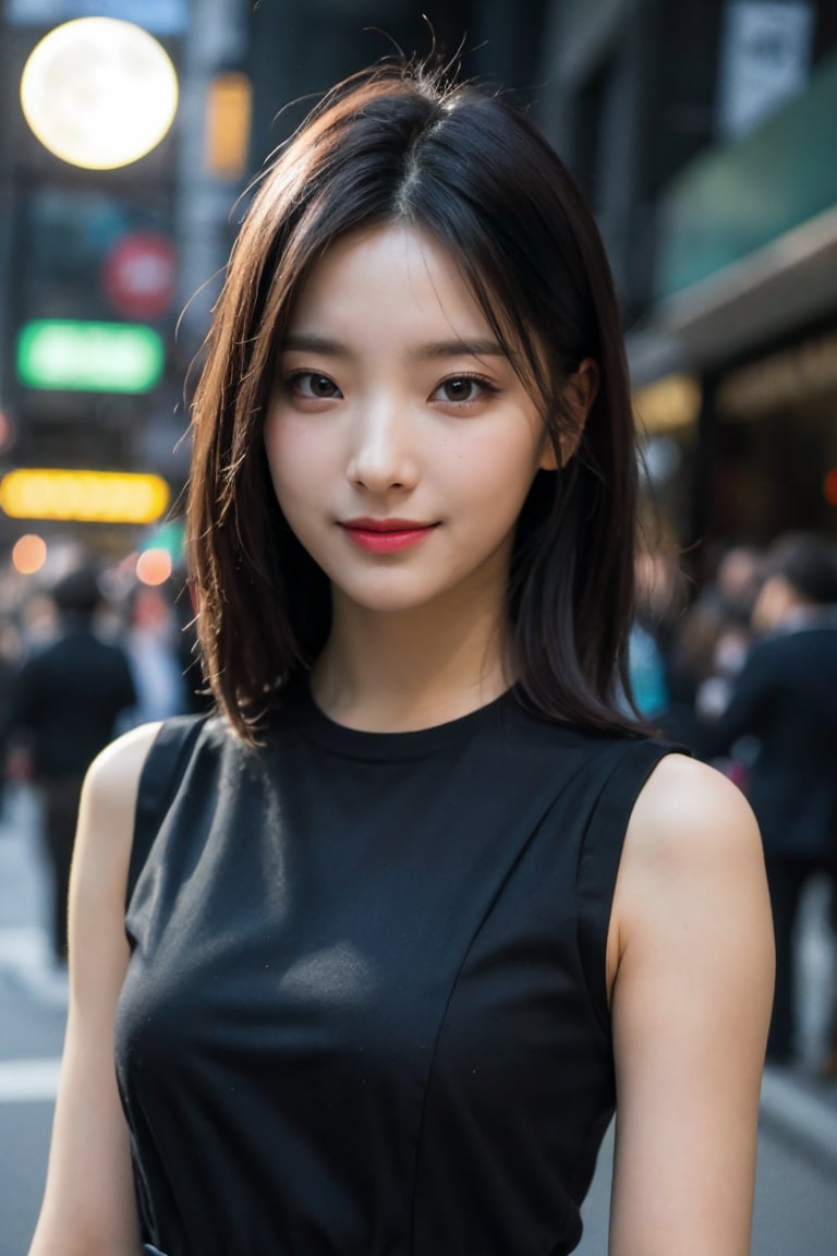 ((upper body:1.2)), nikon RAW photo,8 k, Fujifilm XT3,masterpiece, best quality, realistic, photorealistic, ultra detailed, extremely detailed face, small smile, solo,1girl, standing, fashionable and trendy atmosphere, and a stylish expression on her face, close up, mature body, black dress, walking, at the dark streets, moonrise, sleeveless, fabric clothes, big tits,