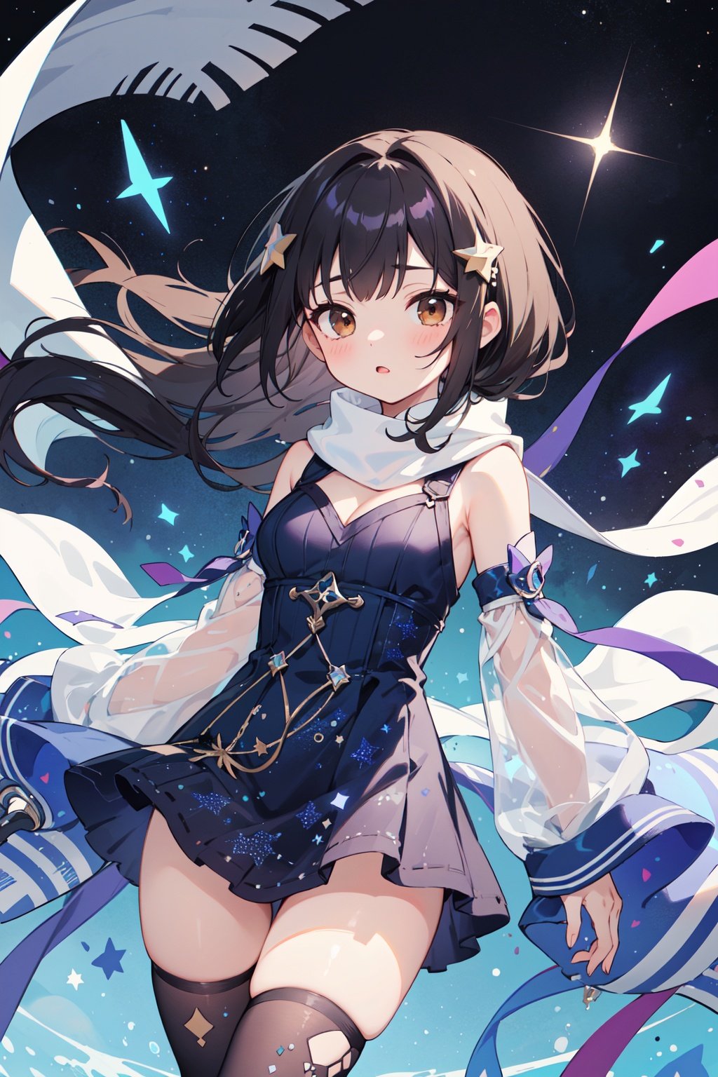 (pixiv masterpiece),best quality,1girl,cute,kawaii,1girl,black hair,long hair,brown eyes,star glint hair ornament,medium breasts,bare shoulders,detached sleeves,shiny blue and purple starry print dress,layered dress,starry background,void space,glints,floating light particles,cowboy shot,thighs,leg,sweater,translucent coat,legwear,see-through legwear,scarf,