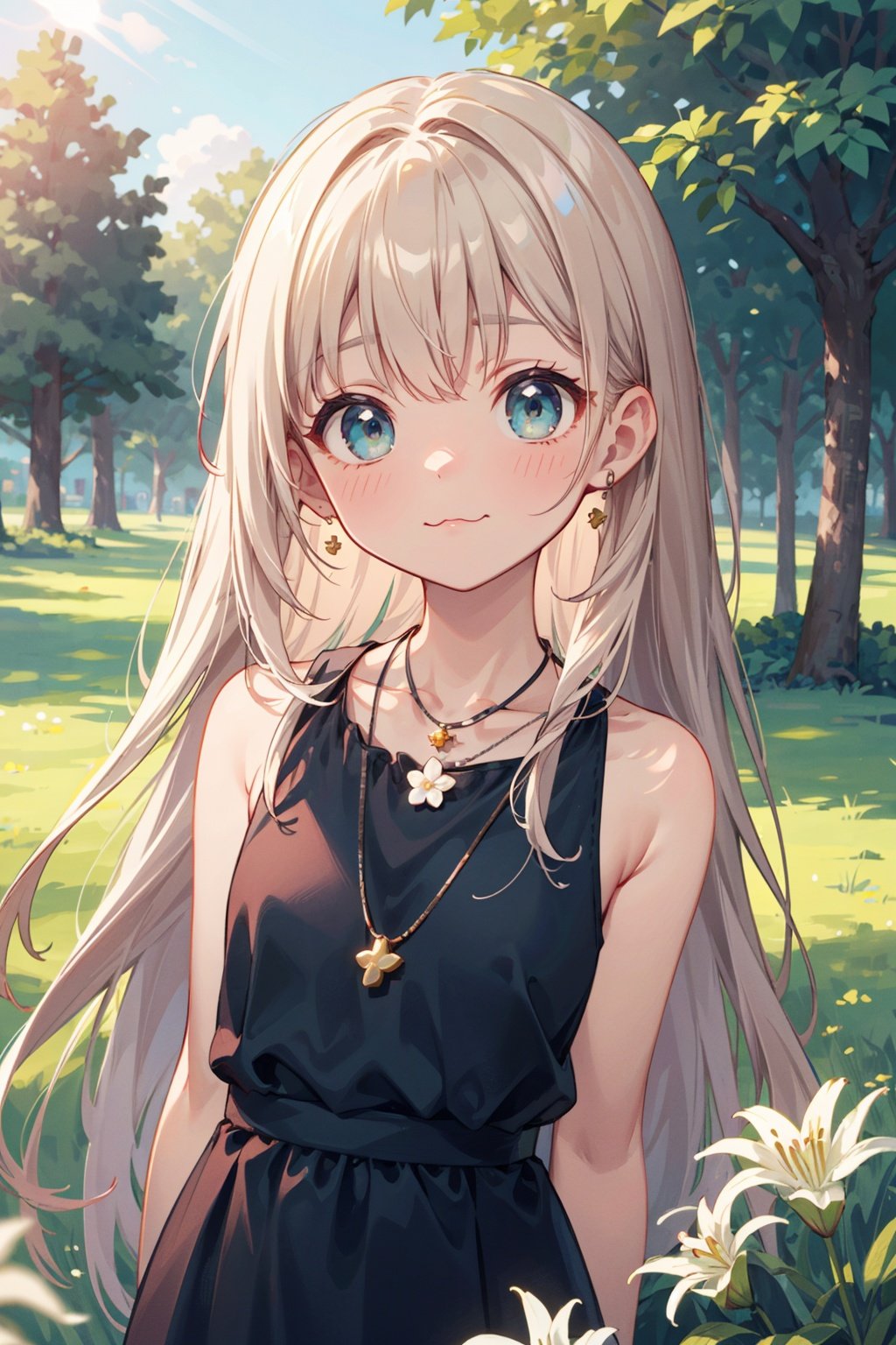 masterpiece,best quality,kawaii background, extremely detailed fine touch,extremely detailed CG unity 8k wallpaper, highres, wallpaper, ray tracing, (sunlight:1.2),solo, female child, solo, luminous eyes, perfect female body, gem necklace, bangs, :3, arm behind back,tube dress, Very long hair, Bronze hair,upper body, breasts focus, perspective,outdoors, pine tree, lily \(flower\), clover, lawn, park,<lora:add_detail:0.6>