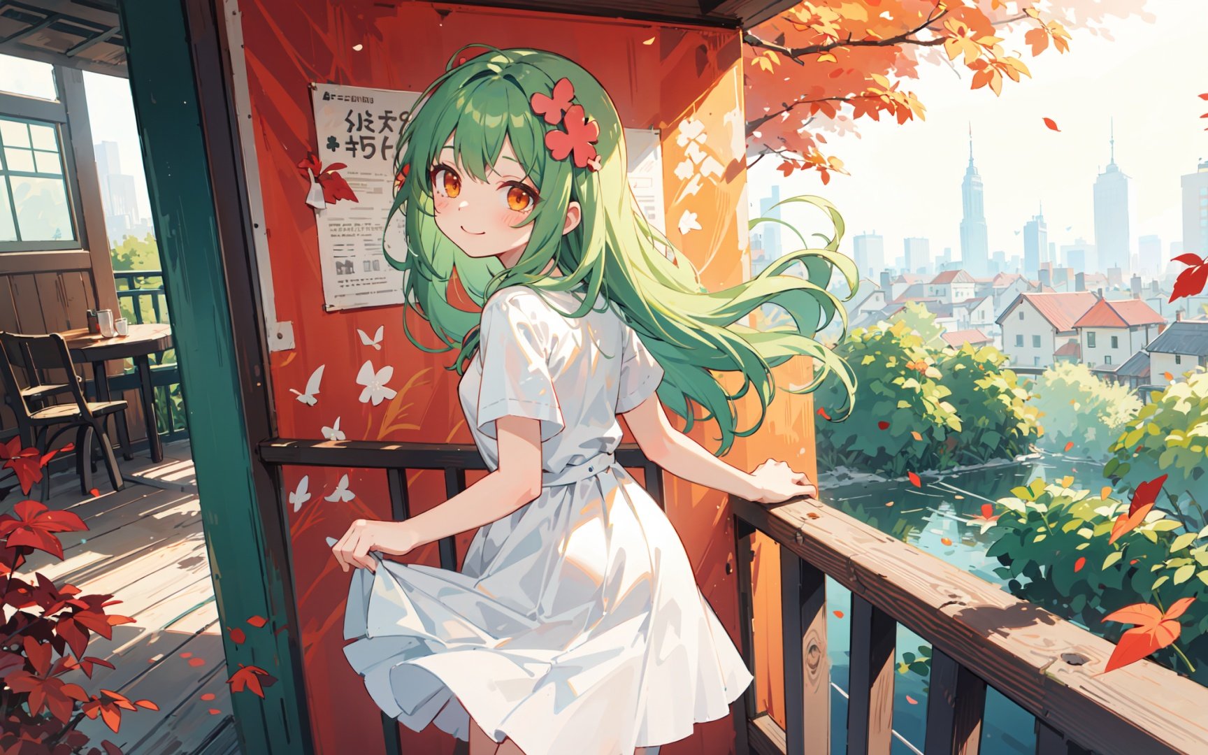 masterpiece, best quality, sunlight,red leaves fluttering,from behind,white skirt solo,leaning against the railing,a sweet smile,pixiv masterpiece,1girl,cute,kawaii,small breasts,green hair,orange eyes,clover hair ornament,long hair,disheveled hair,messy hair,