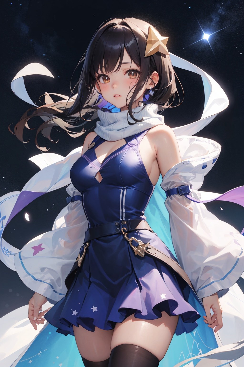 (pixiv masterpiece),best quality,1girl,cute,kawaii,1girl,black hair,long hair,brown eyes,star glint hair ornament,medium breasts,bare shoulders,detached sleeves,shiny blue and purple starry print dress,layered dress,starry background,void space,glints,floating light particles,cowboy shot,thighs,leg,sweater,translucent coat,legwear,see-through legwear,scarf, <lora:Xian-T手部修复lora（不用controlnet也不坏手了）_v3.0:1>