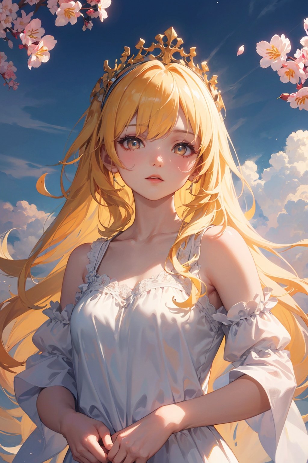 masterpiece, best quality, extremely detailed CG unity 8k wallpaper,game_cg, artbook, wallpaper, (colorful:1.5),1girl, solo, black luminous eyes, perfect female body, Long hair, Yellow hair, nightgown, seductive expression, tiara, upper body,simple background, lily \(flower\), cherry blossom, blue sky, cloudy sky,