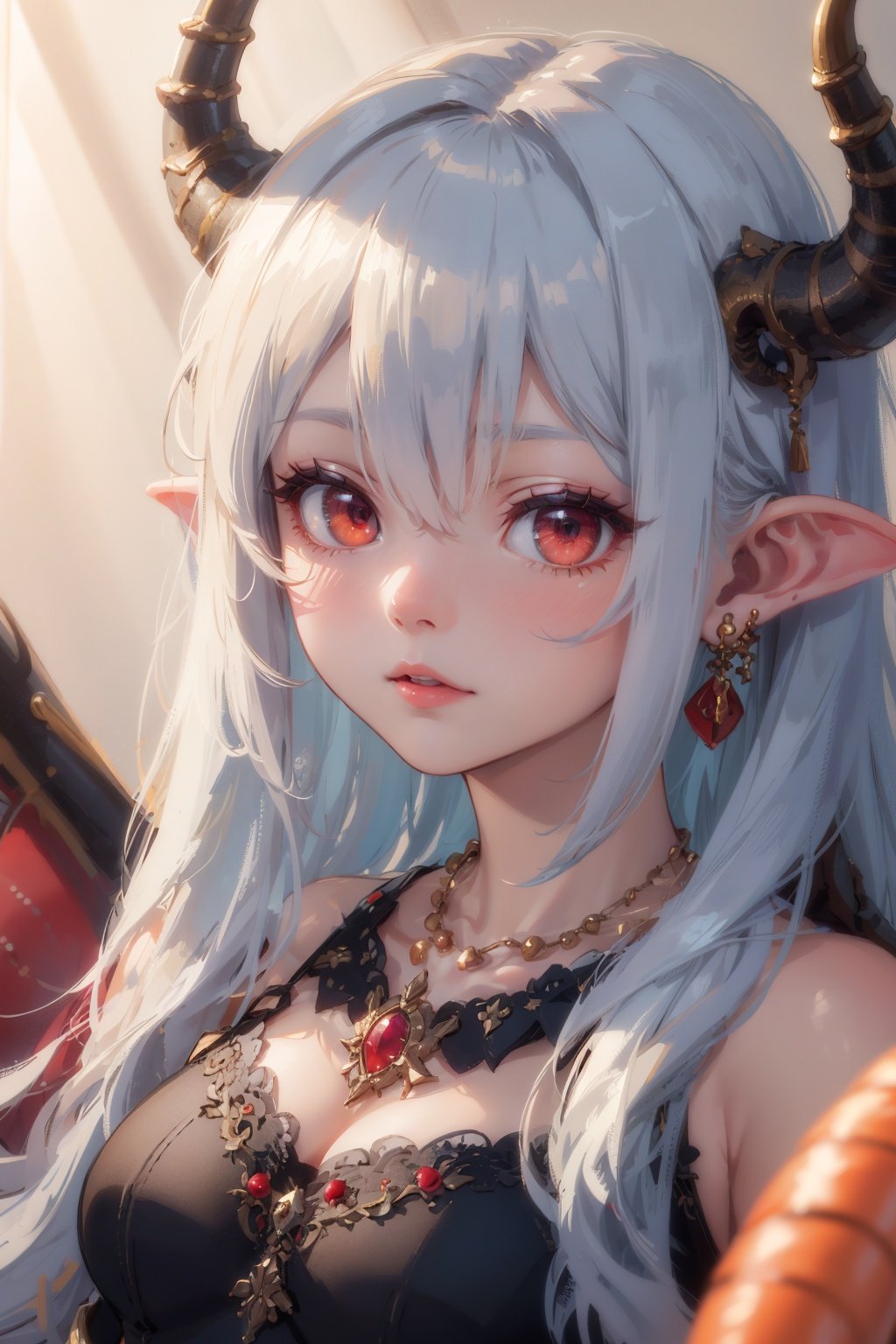 Masterpiece, best quality, ultra-detailed, color full, God rays, ray tracing, beautiful detail eyes, extremely detailed, highres, best quality, an extremely detailed and delicate, 8k cg wallpaper,(Dragon girl), Dragon tail, Dragon Wings, Dragon horns, red eyes,(portrait:1.3),hair ornament, jewelry, crescent hair ornament, carrot hair ornament, hair beads, necklace, bow,long hair, pointy ears,dress,