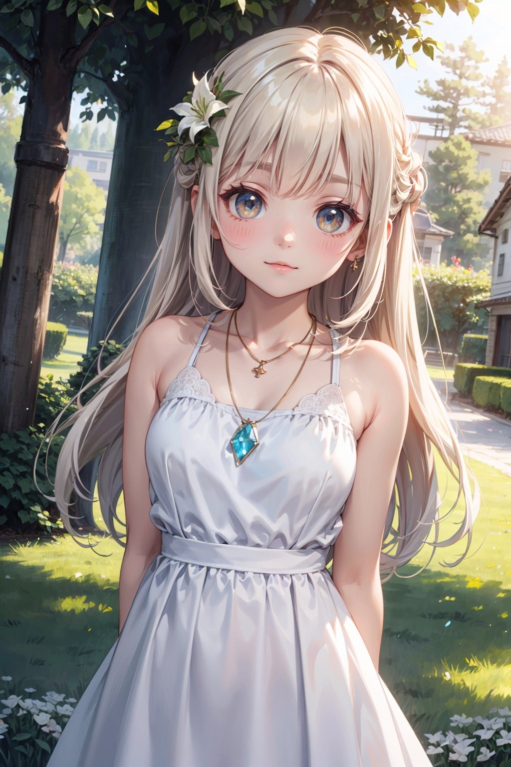 masterpiece,best quality,kawaii background, extremely detailed fine touch,extremely detailed CG unity 8k wallpaper, highres, wallpaper, ray tracing, (sunlight:1.2),solo, female child, solo, luminous eyes, perfect female body, gem necklace, bangs, :3, arm behind back,tube dress, Very long hair, Bronze hair,upper body, breasts focus, perspective,outdoors, pine tree, lily \(flower\), clover, lawn, park,<lora:add_detail:0.6>