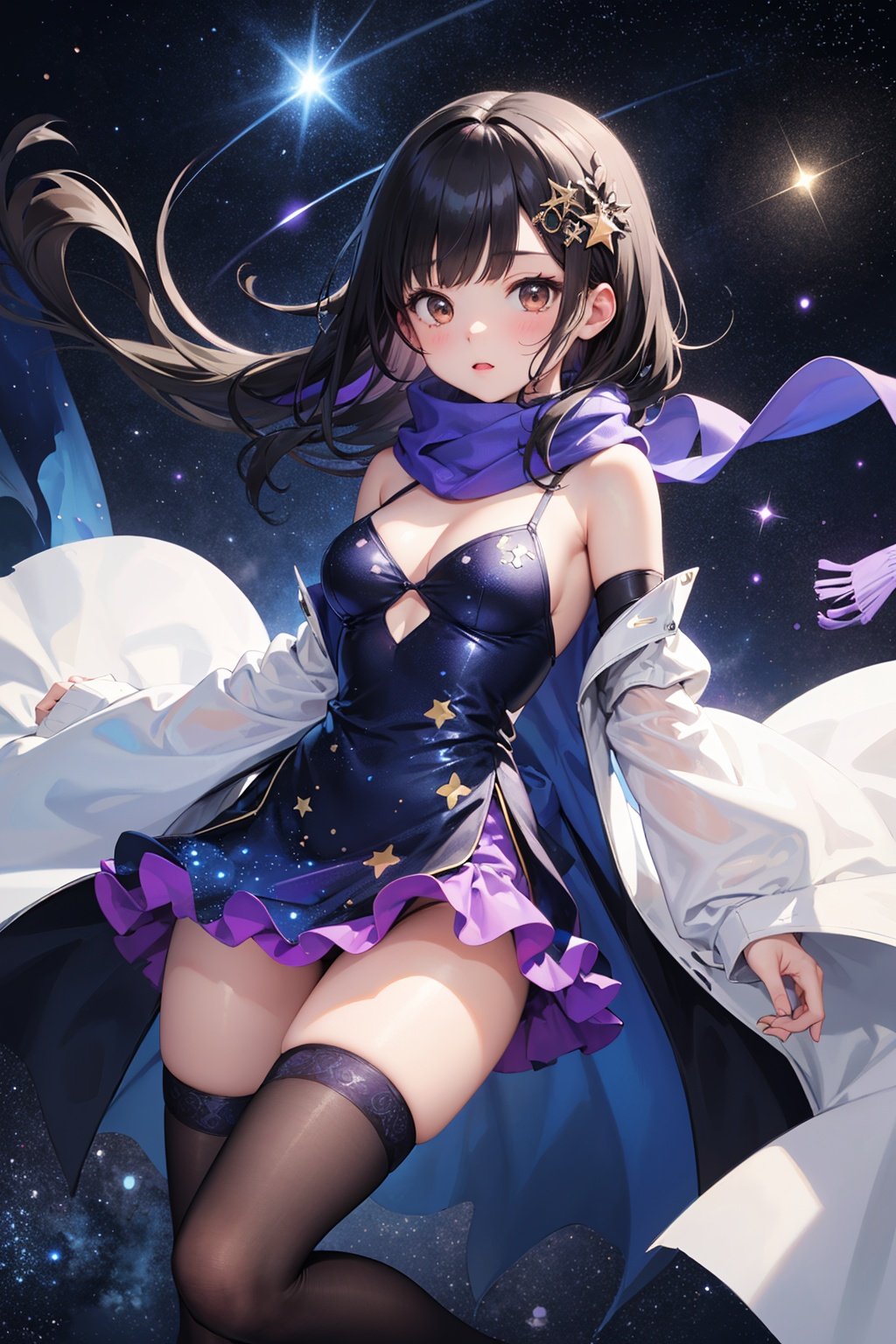 (pixiv masterpiece),best quality,1girl,cute,kawaii,1girl,black hair,long hair,brown eyes,star glint hair ornament,medium breasts,bare shoulders,detached sleeves,shiny blue and purple starry print dress,layered dress,starry background,void space,glints,floating light particles,cowboy shot,thighs,leg,sweater,translucent coat,legwear,see-through legwear,scarf,