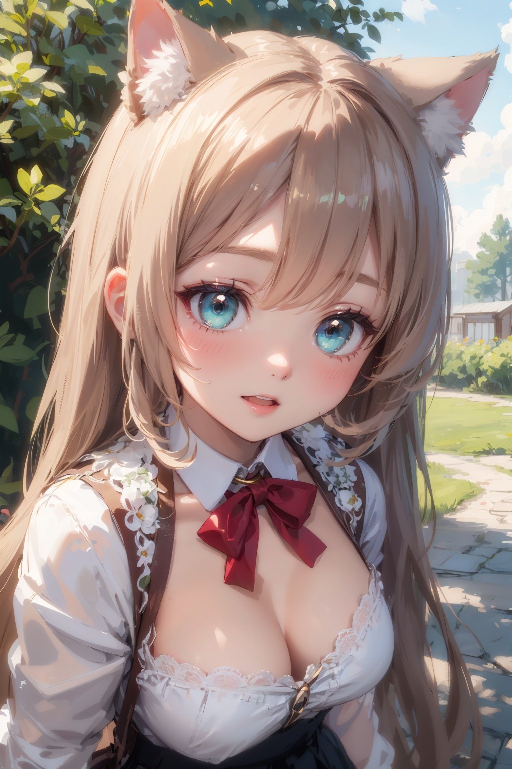 masterpiece,best quality, kawaii background, extremely detailed fine touch, highres, wallpaper, ray tracing, sunlight, ///,solo, 1girl, perfect female body, breasts, (cleavage:0.8), cat ears, animal ear fluff, Bronze hair, Absurdly long hair, luminous eyes, bangs, light blush, delighted,aqua skirt,  (portrait:1.2), face focus,outdoors, pine tree, lavender \(flower\), clover, lawn, garden,