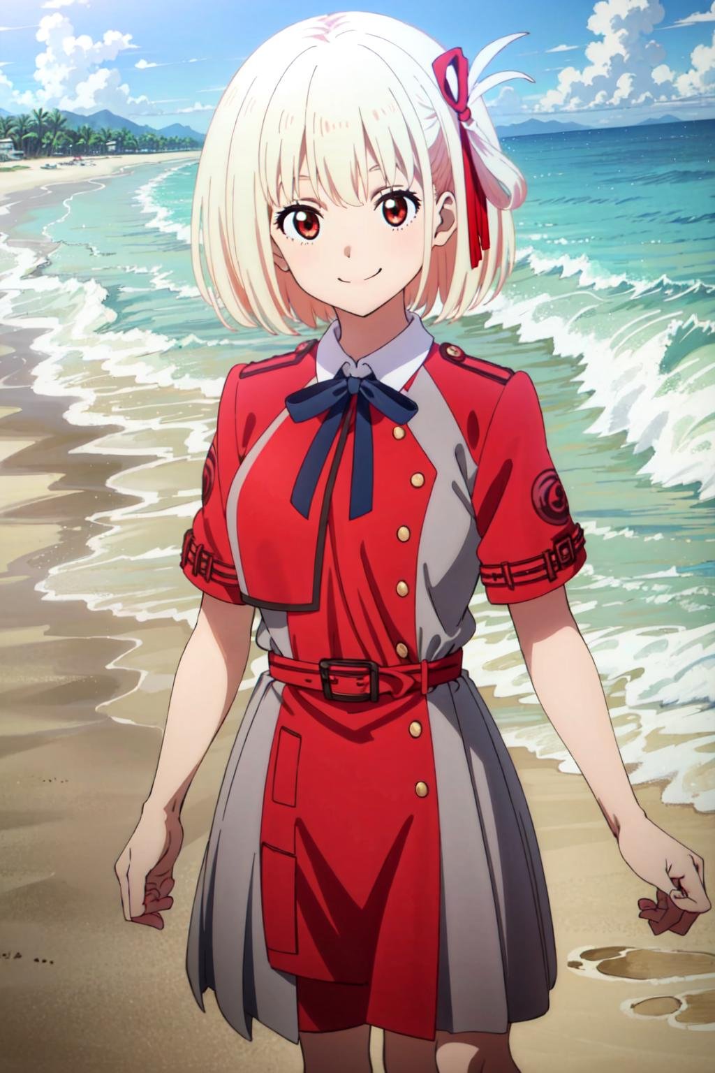 (masterpiece, best quality:1.4),(on the beach:1.3),1girl,solo,smile,looking at viewer,chso,lycoris uniform,red belt,shirt,white shirt,collared shirt,ribbon,hair ribbon,red ribbon,neck ribbon,blue ribbon,school uniform,belt,thighs,two-tone dress,pleated dress,red dress,grey dress,<lora:chisato-v6-000008:1>,